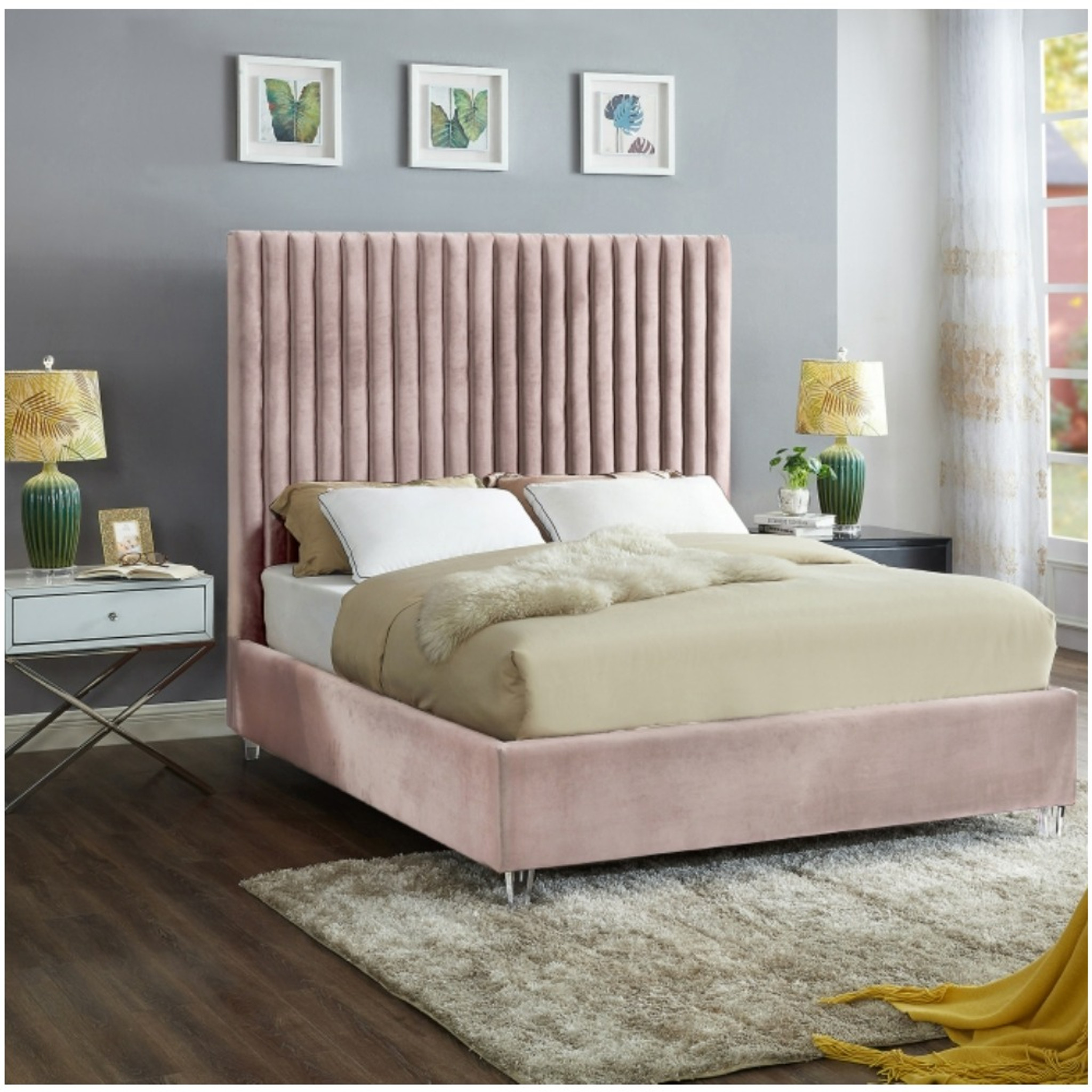 Pink Velvet Channel Tufted Upholstered Bed with Lucite Legs