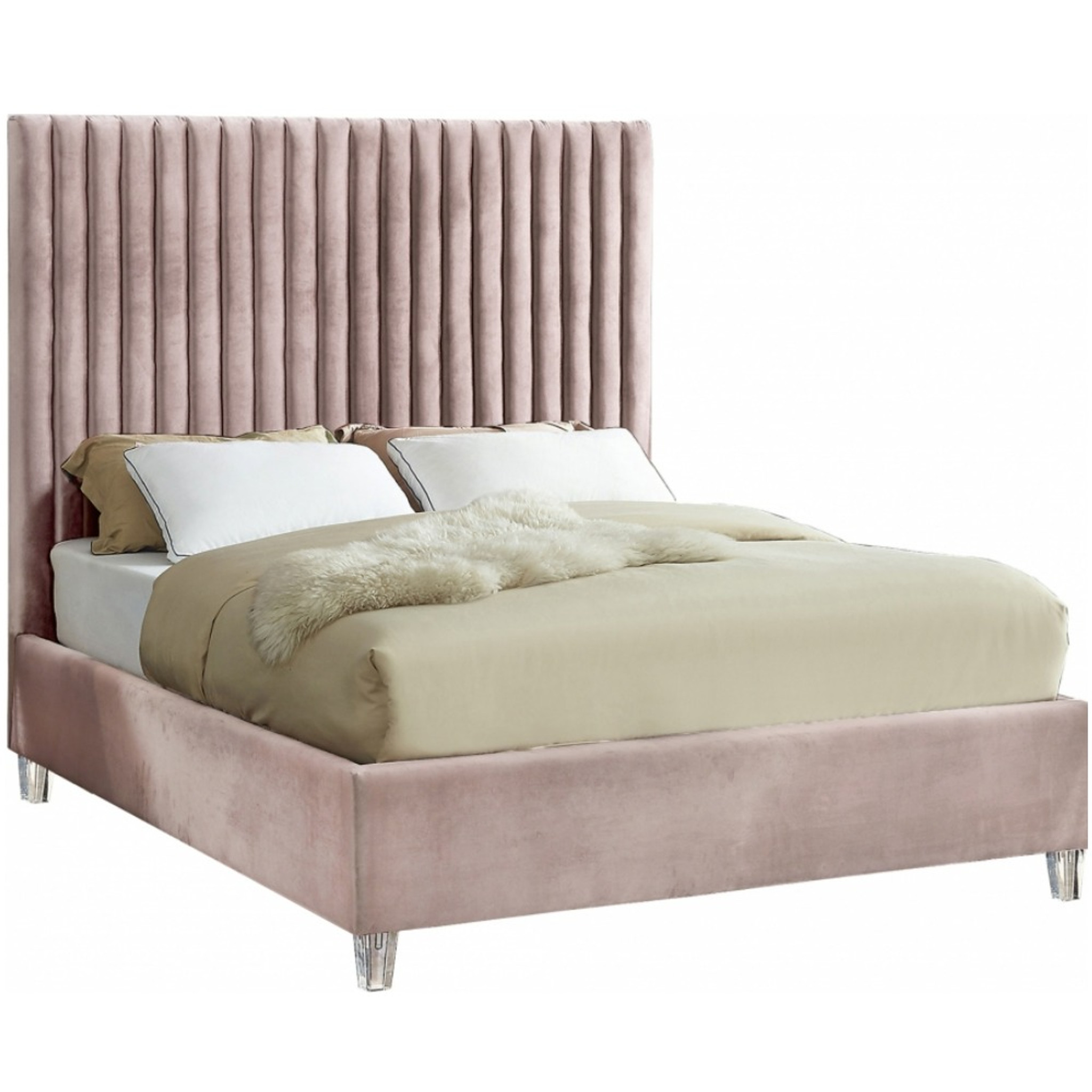 Pink Velvet Channel Tufted Upholstered Bed with Lucite Legs