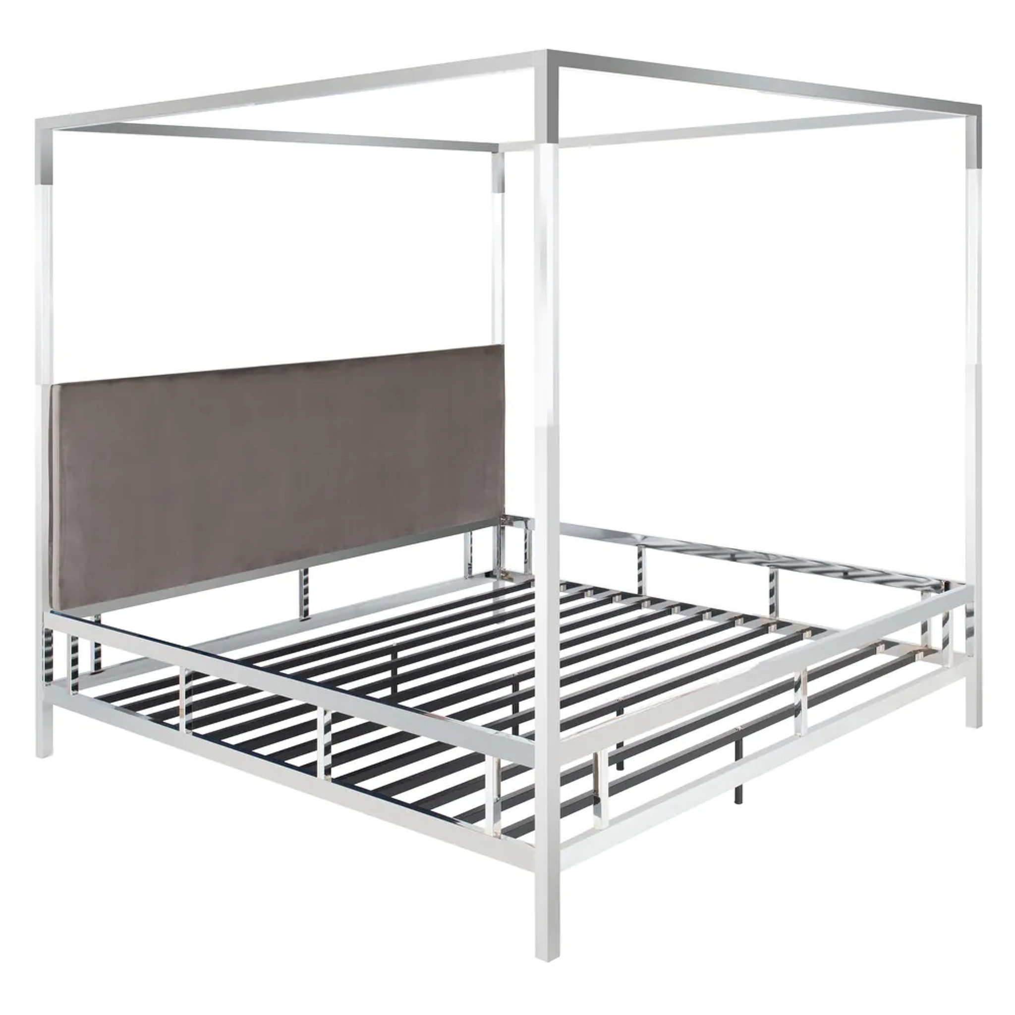 Chrome and Lucite Canopy Bed with Grey Upholstery,