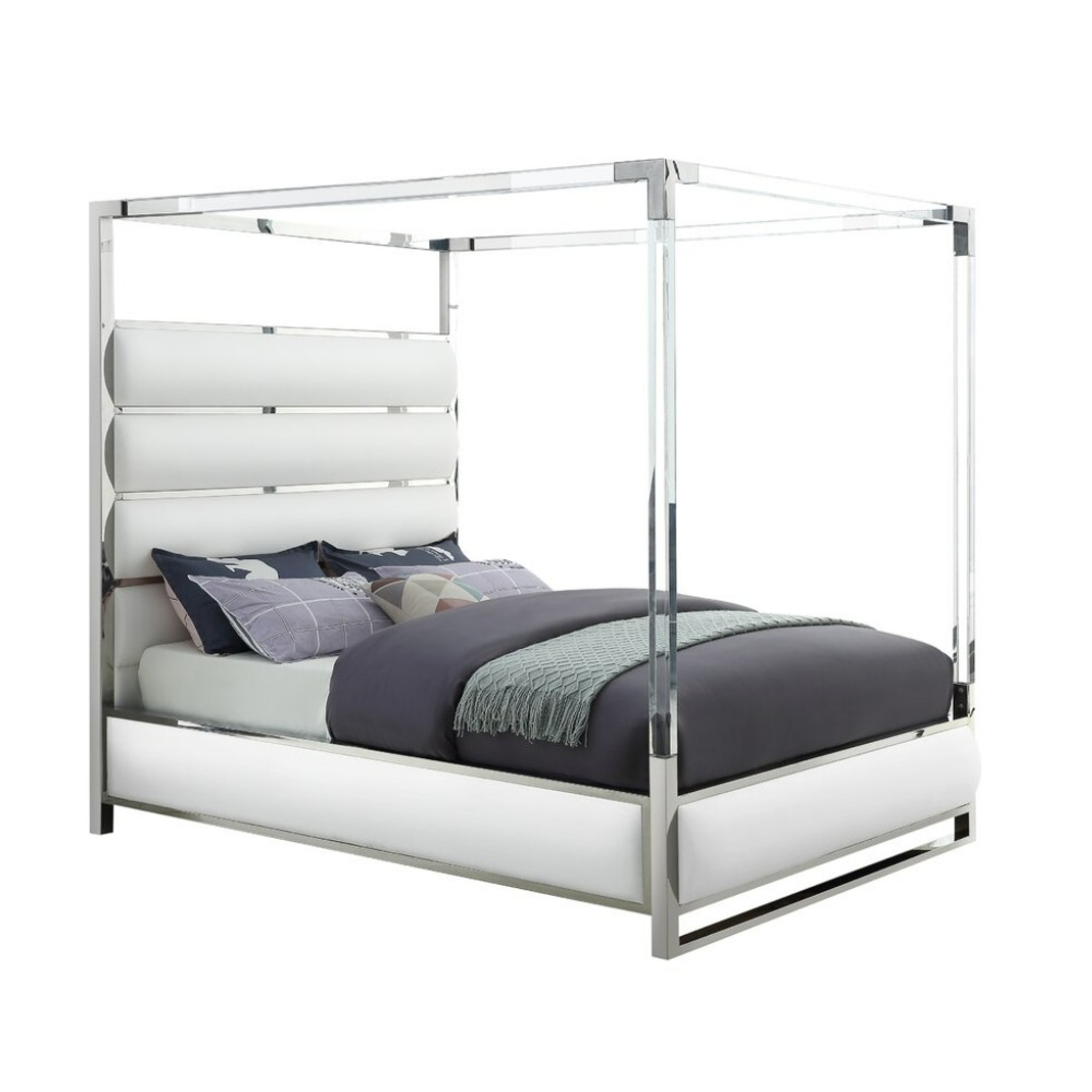 Chrome and Lucite Canopy Bed with White Chanel Tufting