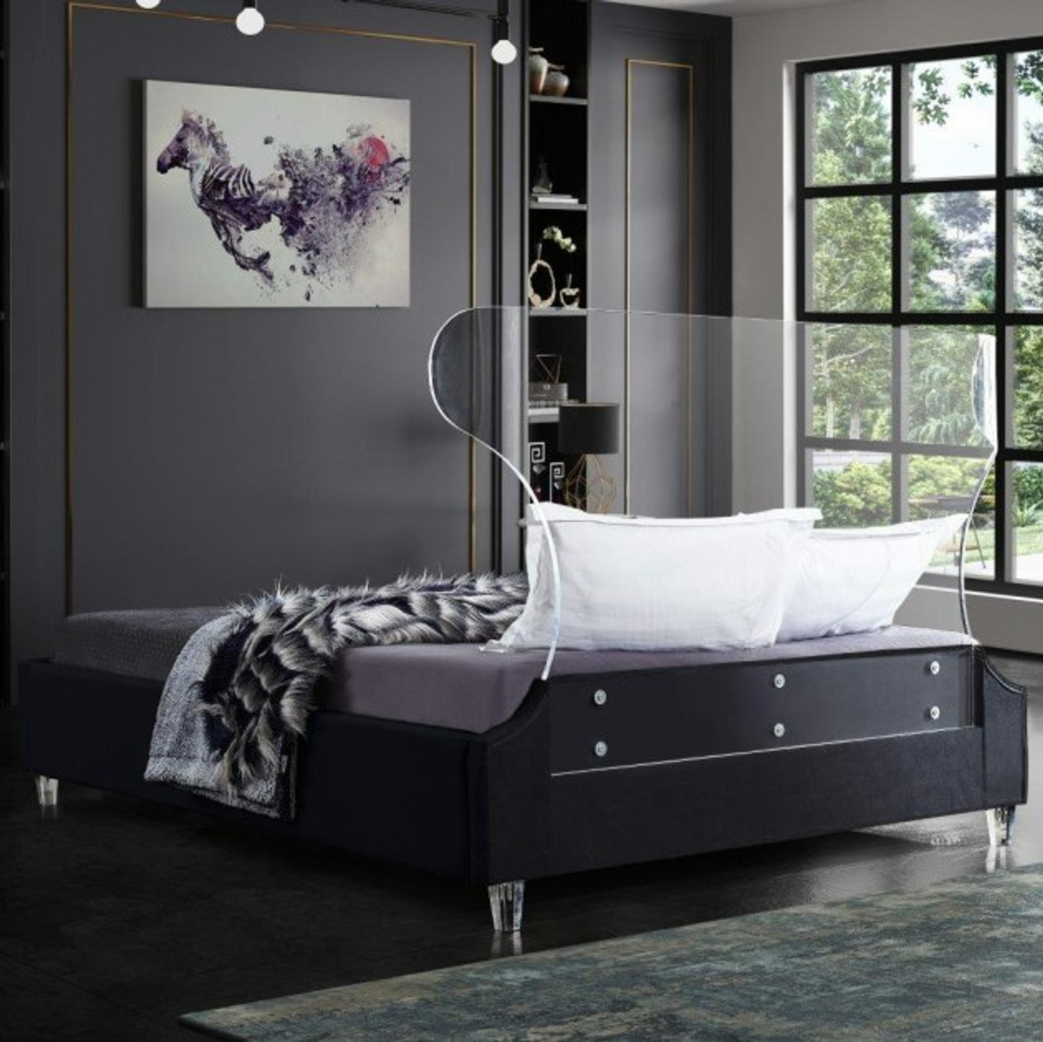 Lucite Wing Headboard Bed with Black Upholstered Frame
