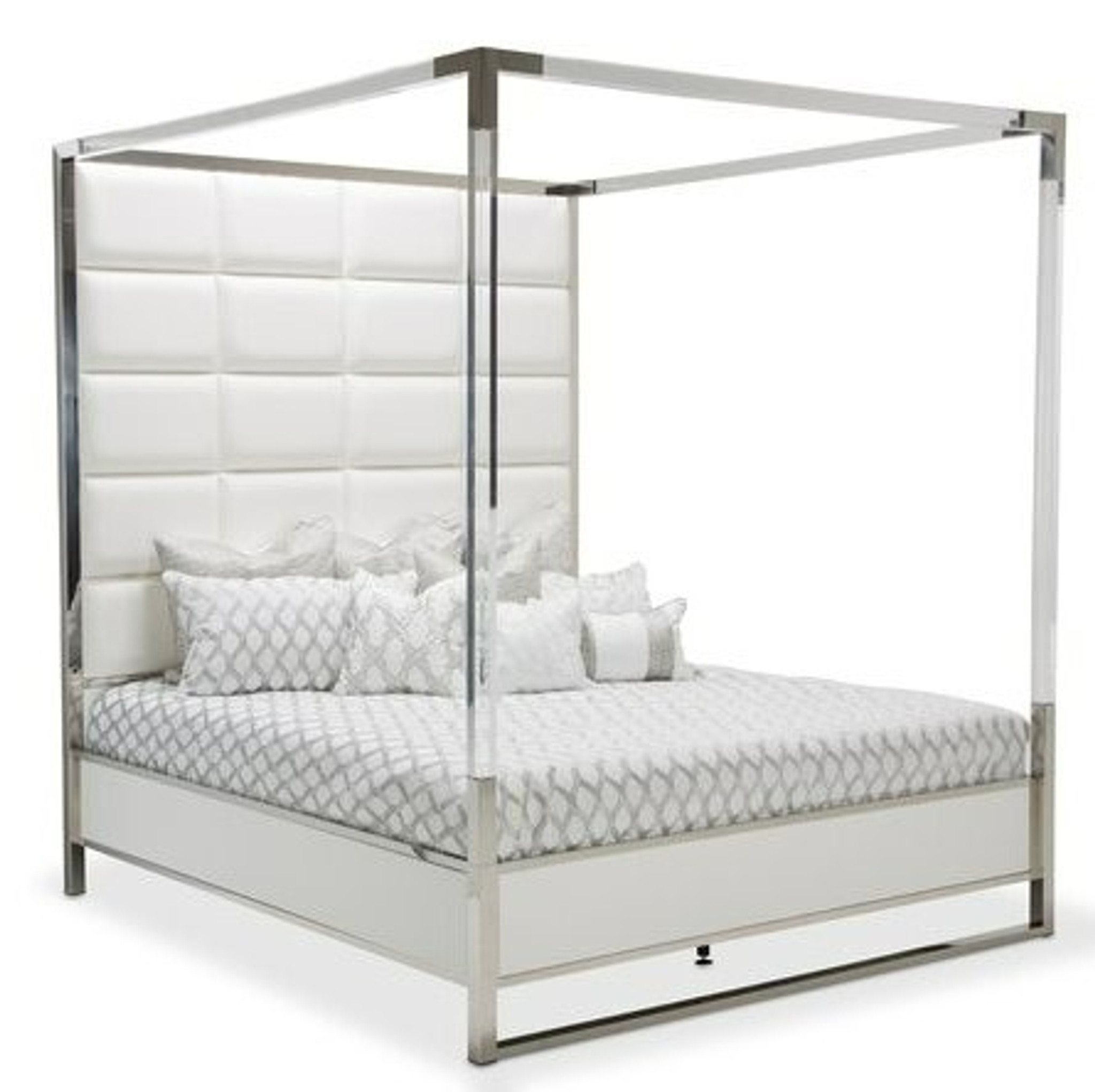 White Box Tufted Lucite and Chrome Canopy Bed