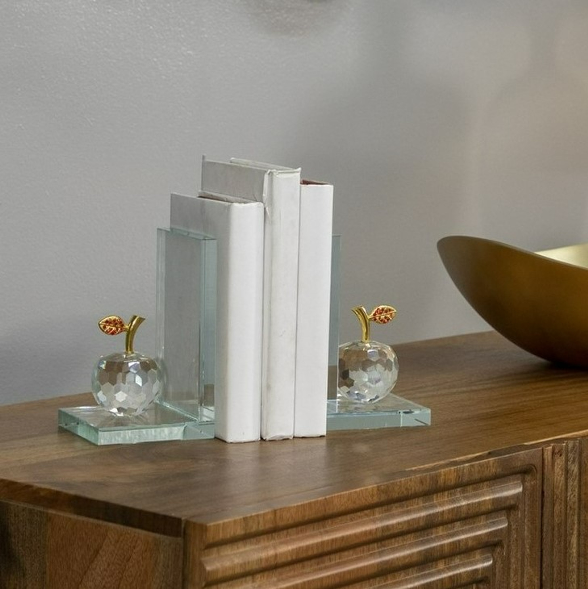 Clear Crystal Apple & Gold Leaf Modern Bookends, Pair (14462-05)