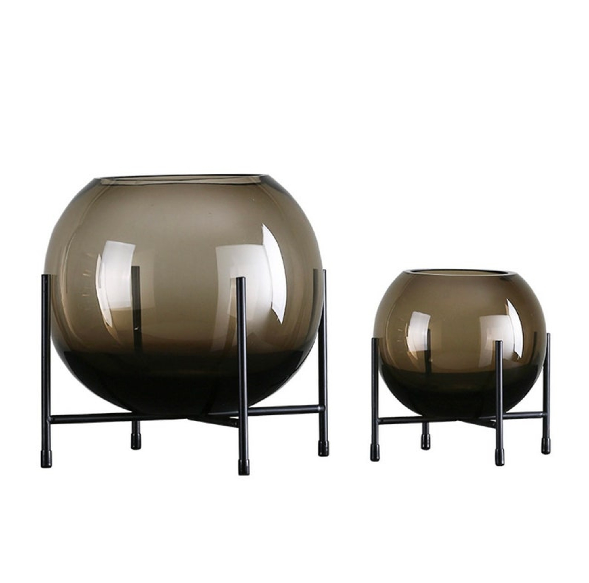 Modern Smoke Grey Globe Vase on Black Stand