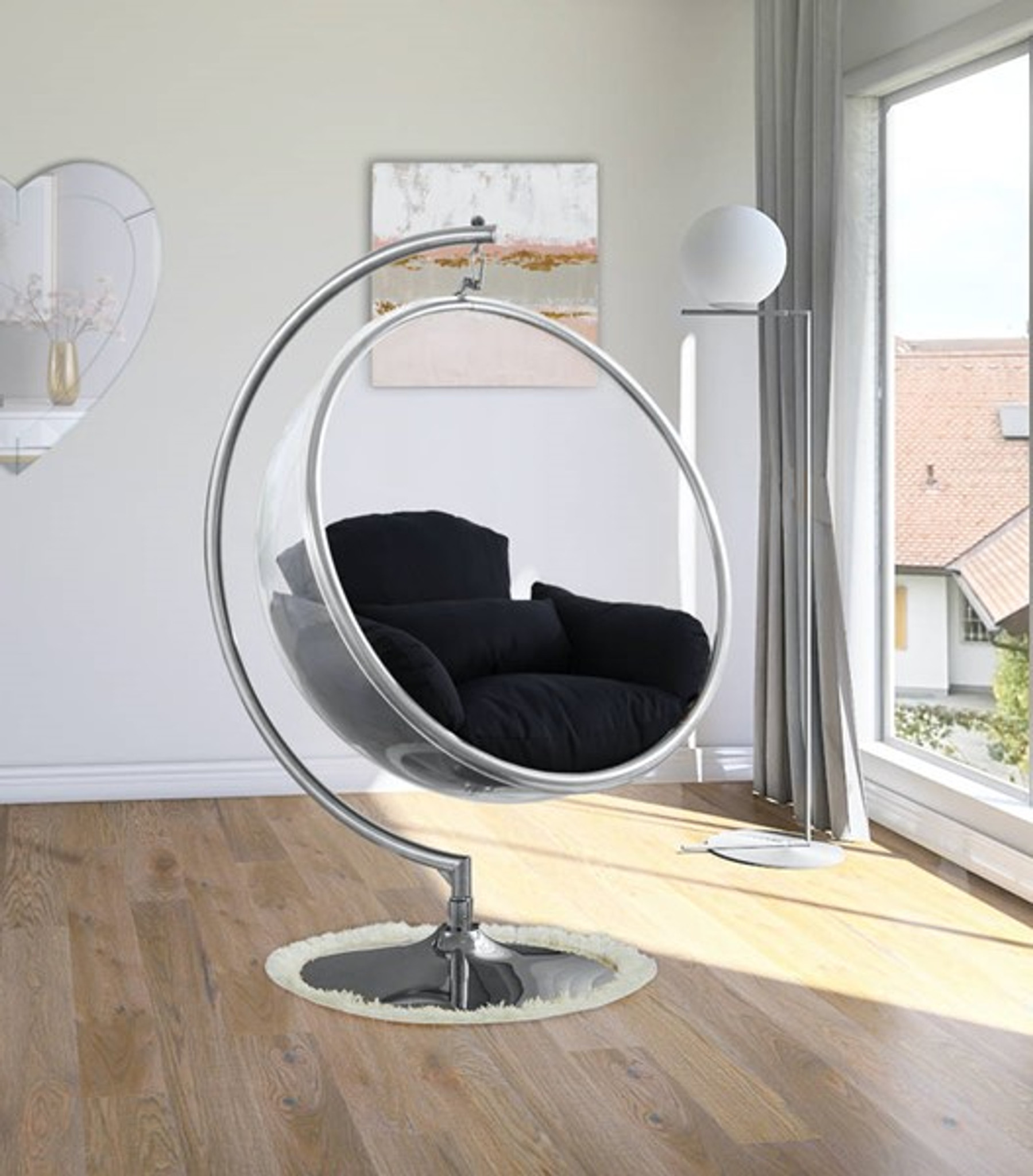 Chrome Bubble Chair with Black Cushions and C Stand