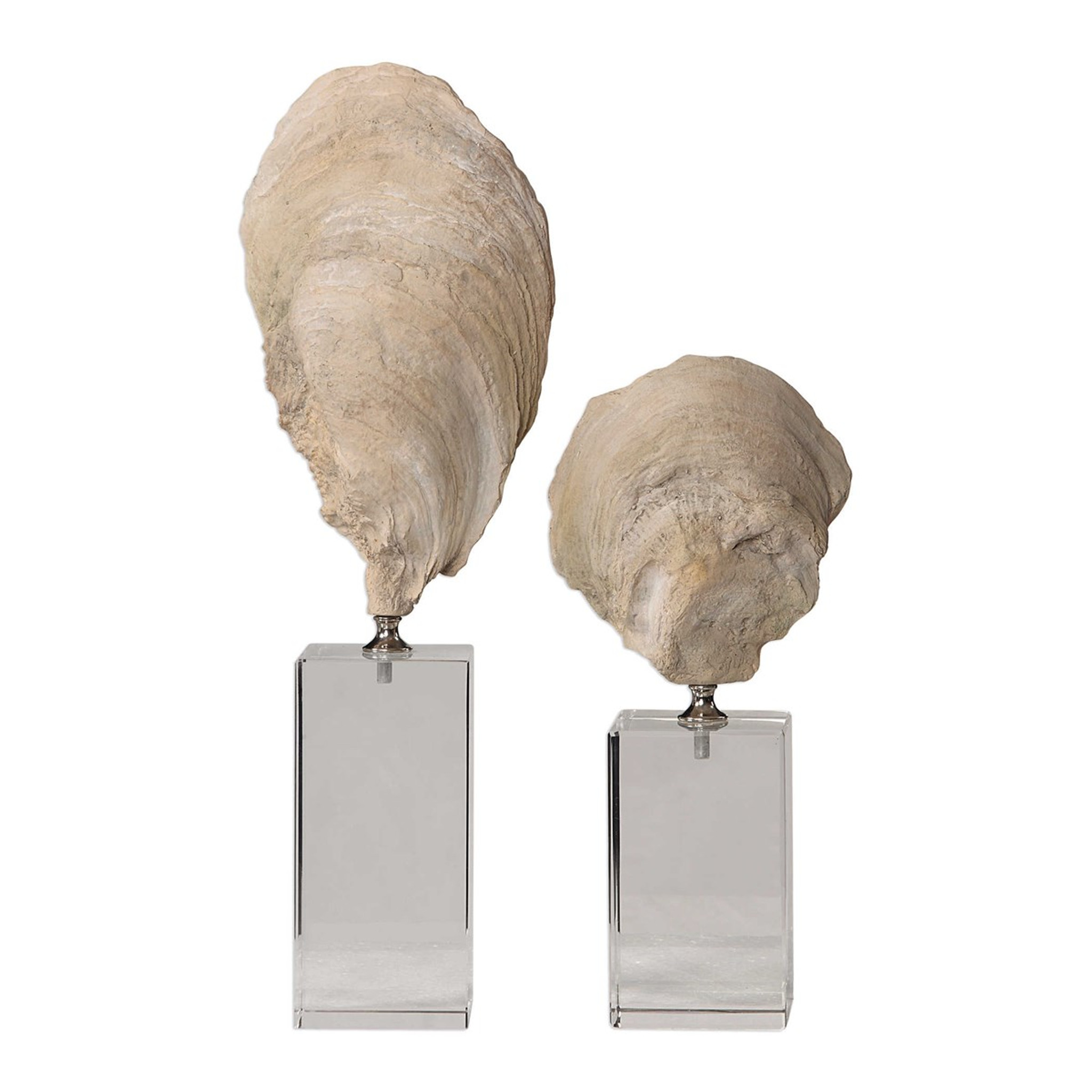 Set of 2 Oyster Shell Sculptures on Crystal Block Bases (17523)