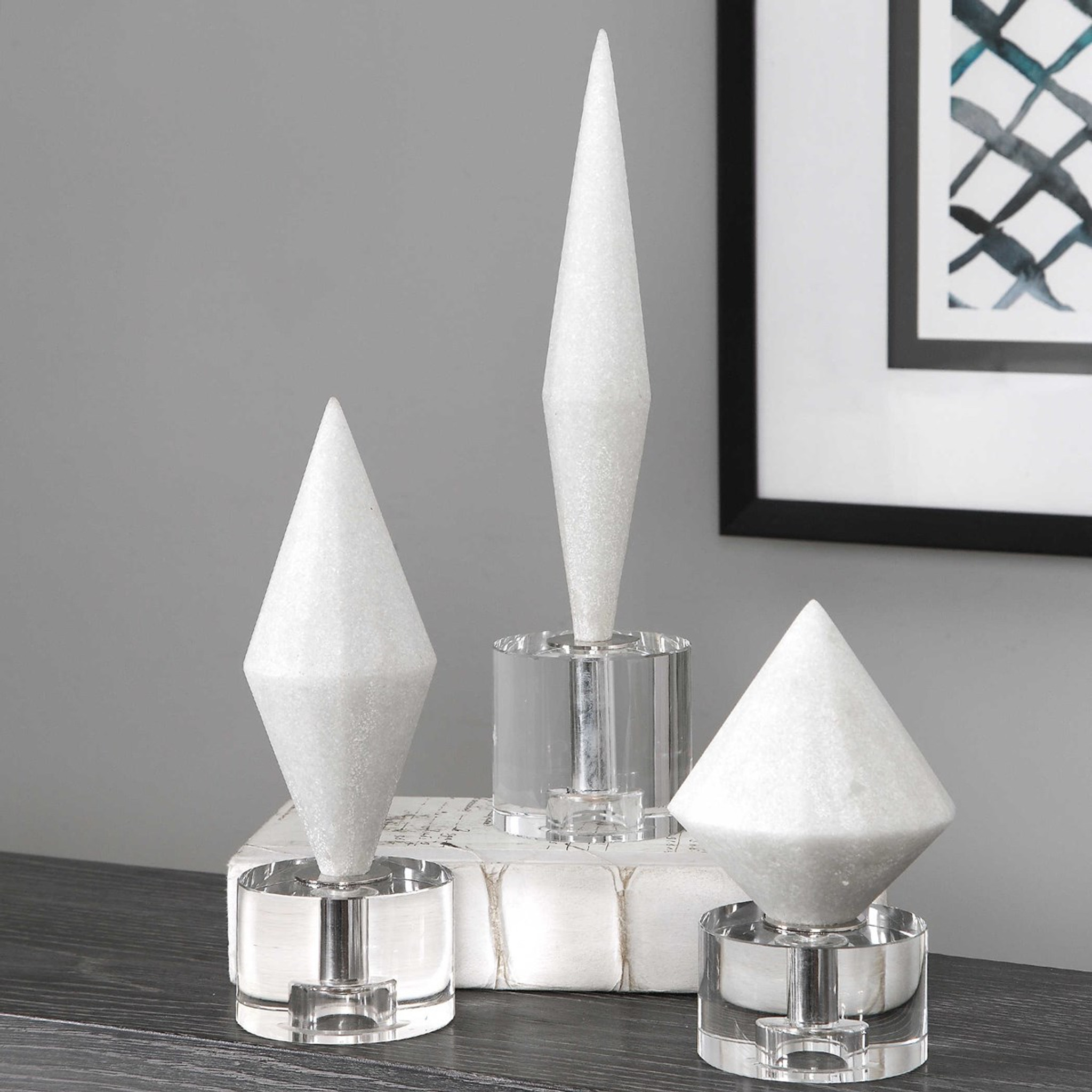 Set of 3 White Marble Diamond Shapes on Crystal Bases