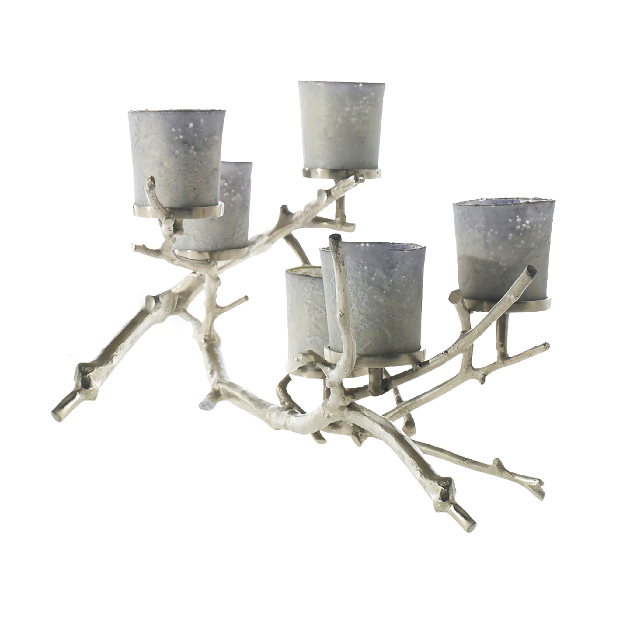 Modern Silver Metal Twig with Silver Glass Votives