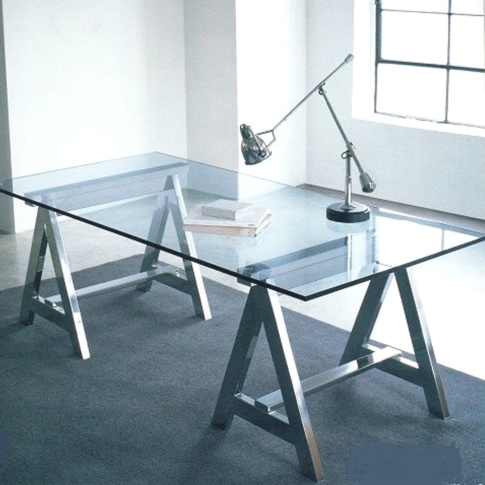 chrome metal sawhorse leg architects modern desk glass top