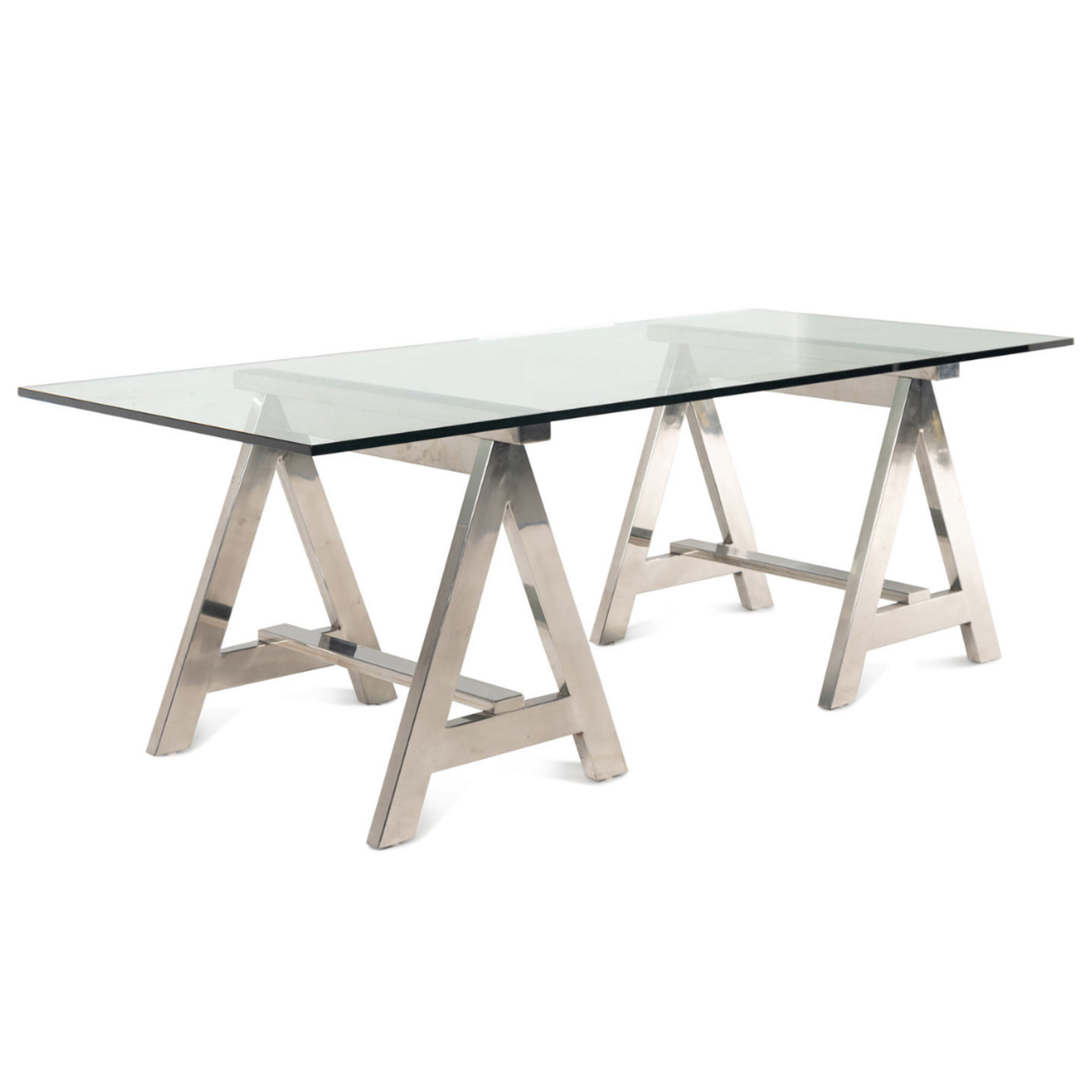 chrome metal sawhorse leg architects modern desk glass top