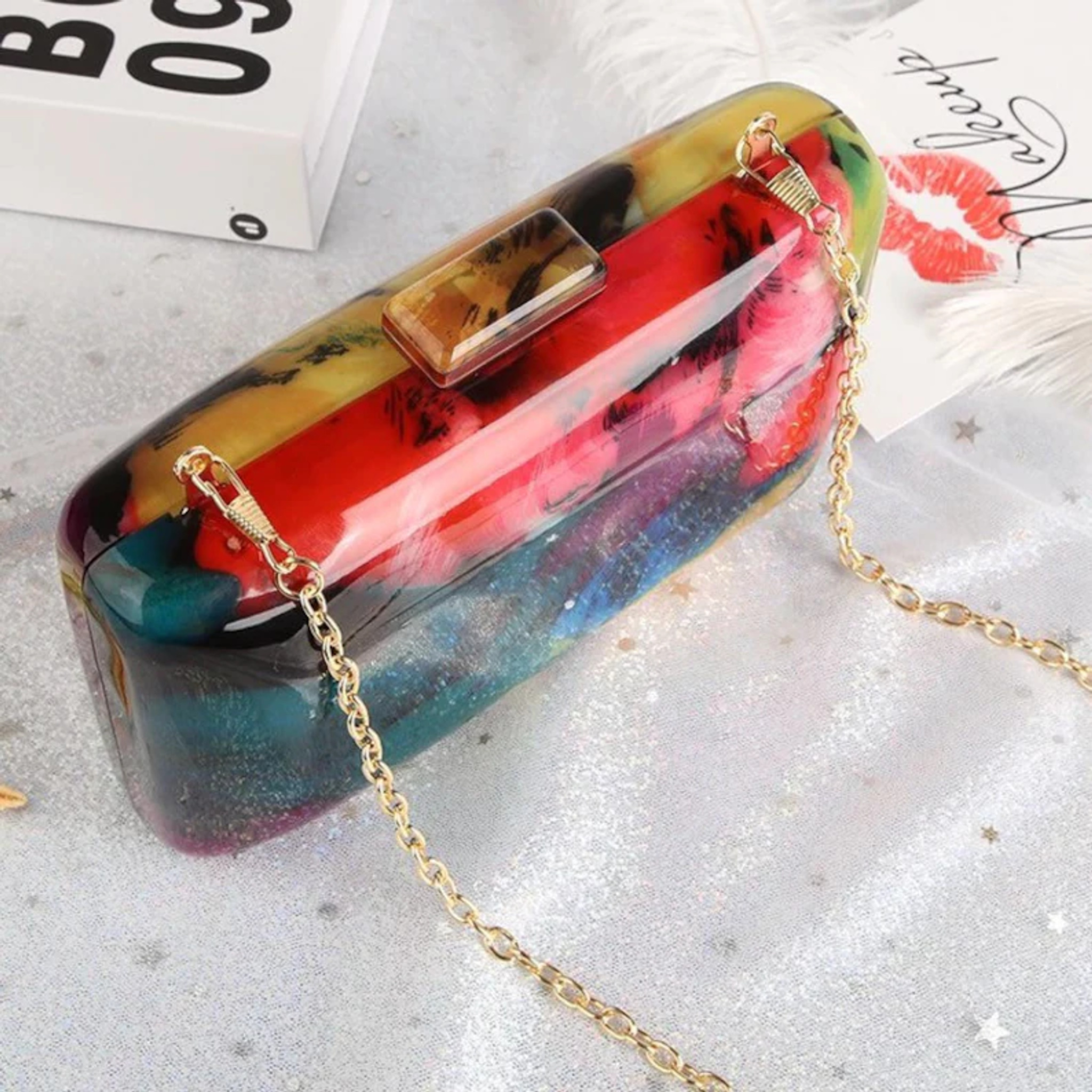 Matisse Multi Color Acrylic Box Purse with Chain