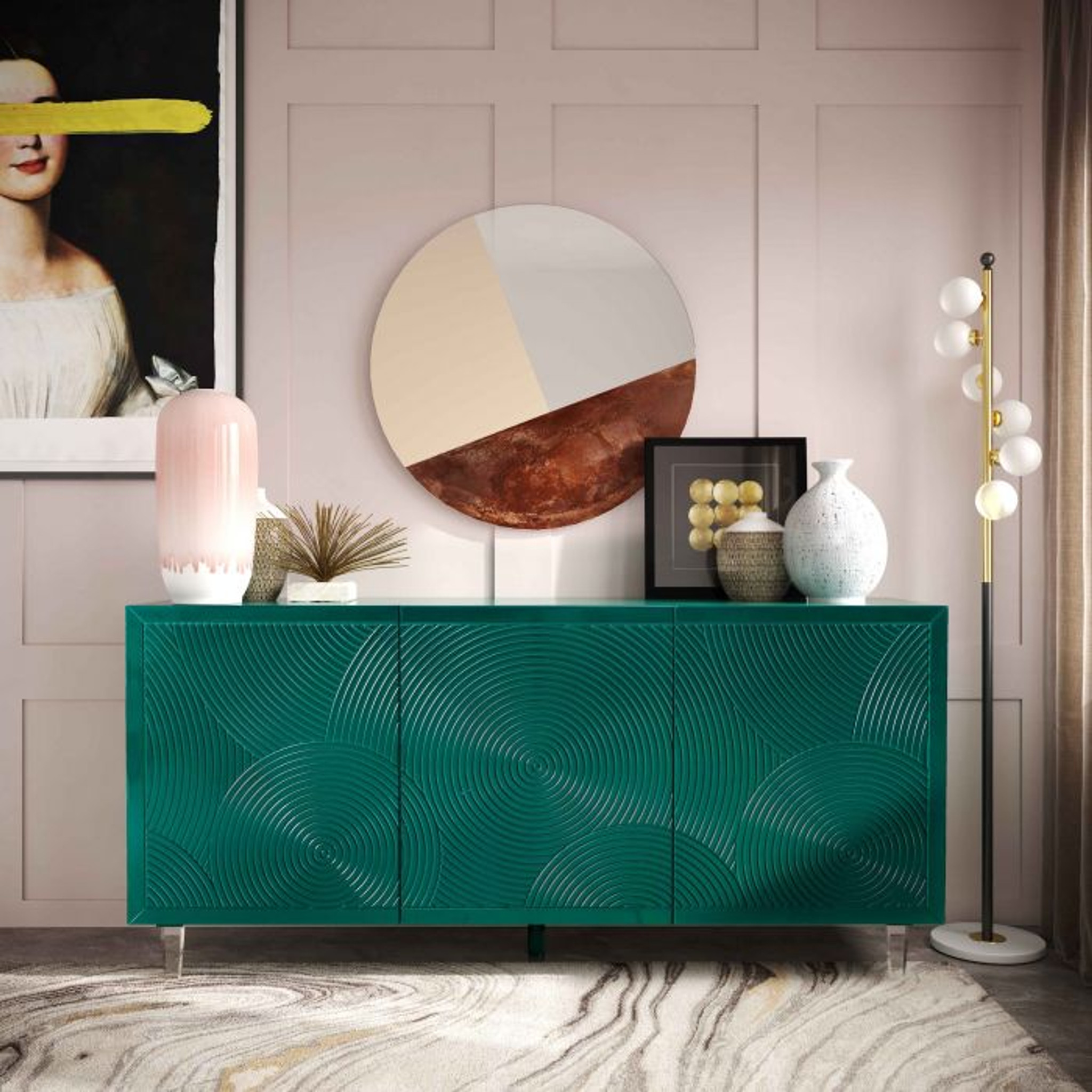 Dark Green Lacquer 3 Door Sideboard with Lucite Legs (TOV-D5514