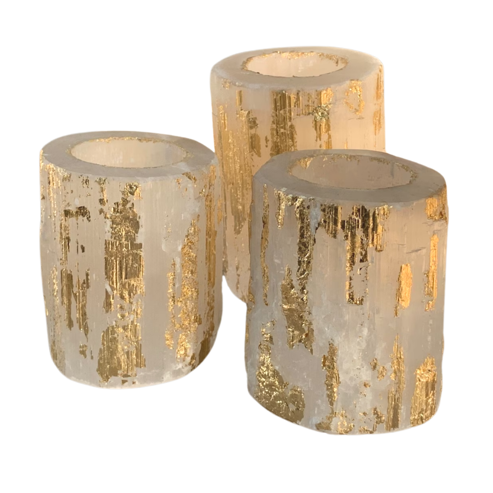 Hand Applied Gold Leaf Selenite Votive Holder