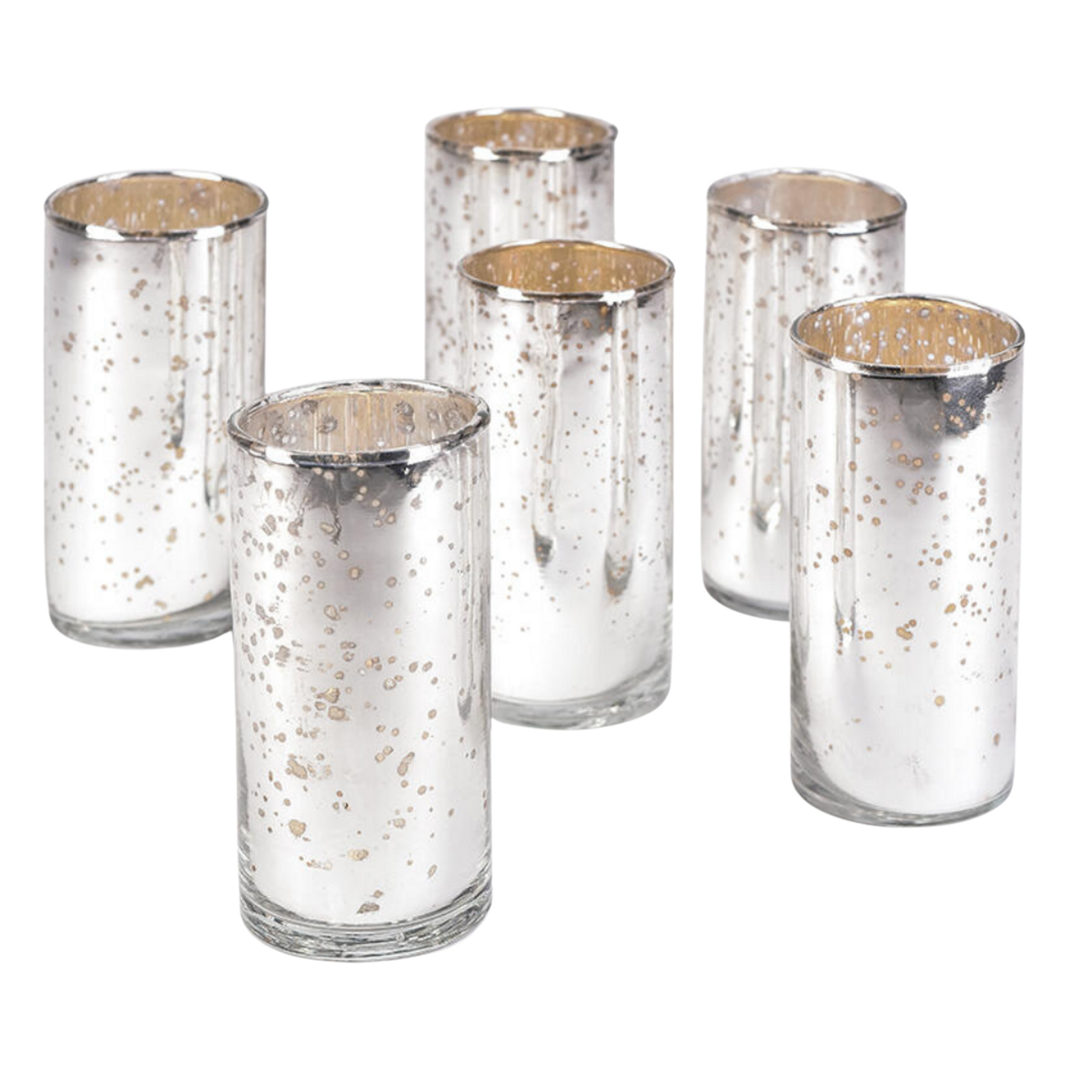 Antiqued Silver Glass Narrow Votive Holders, Set of 6