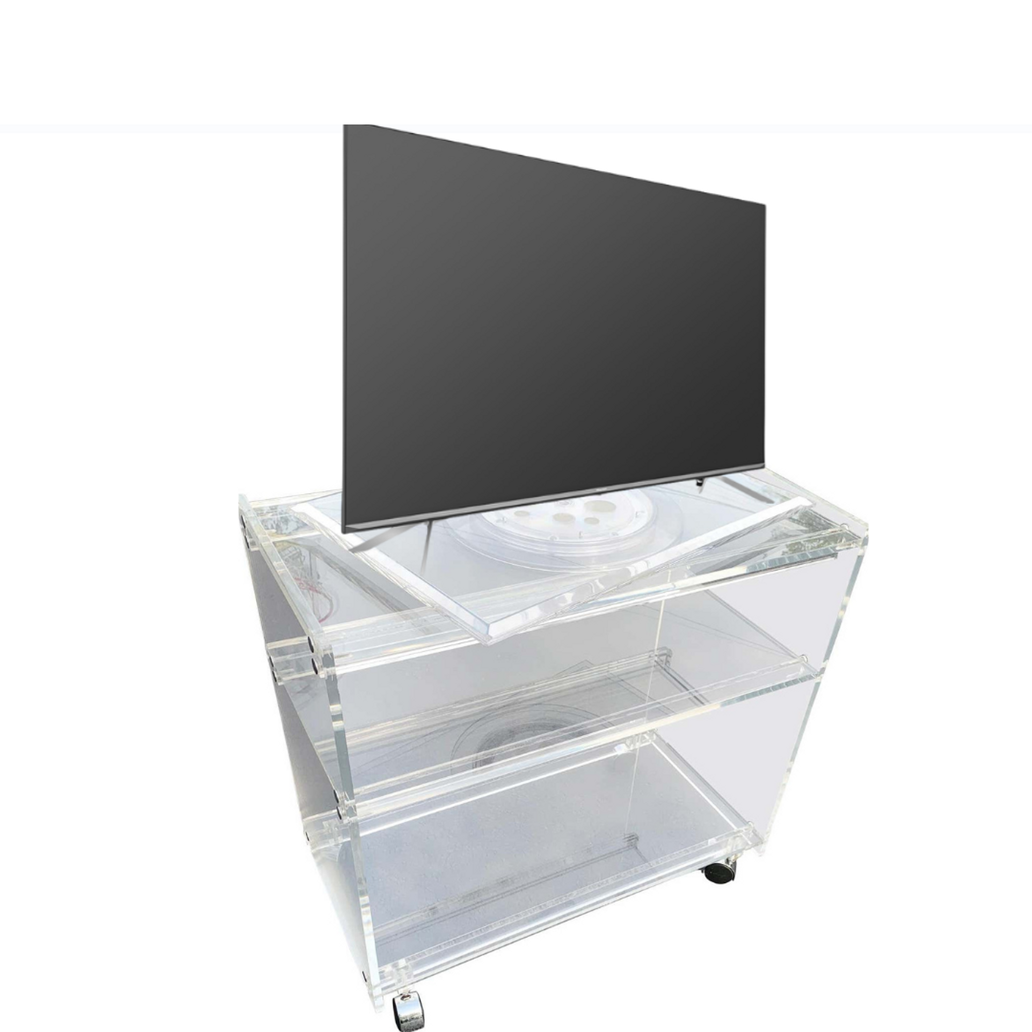 Clear Lucite TV Stand with Rotating Lazy Susan Top and Wheels