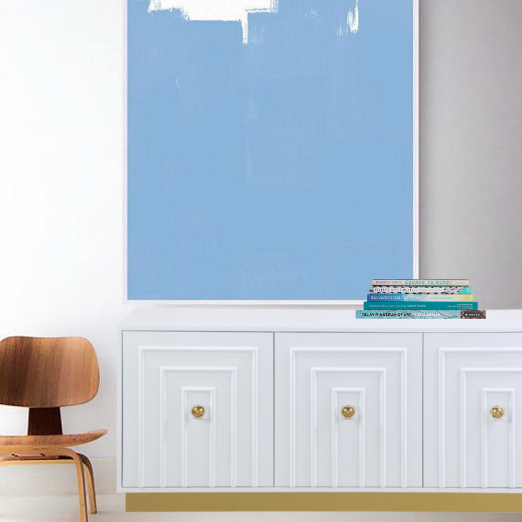 White and Gold Lacquered Credenza with Lucite Knobs