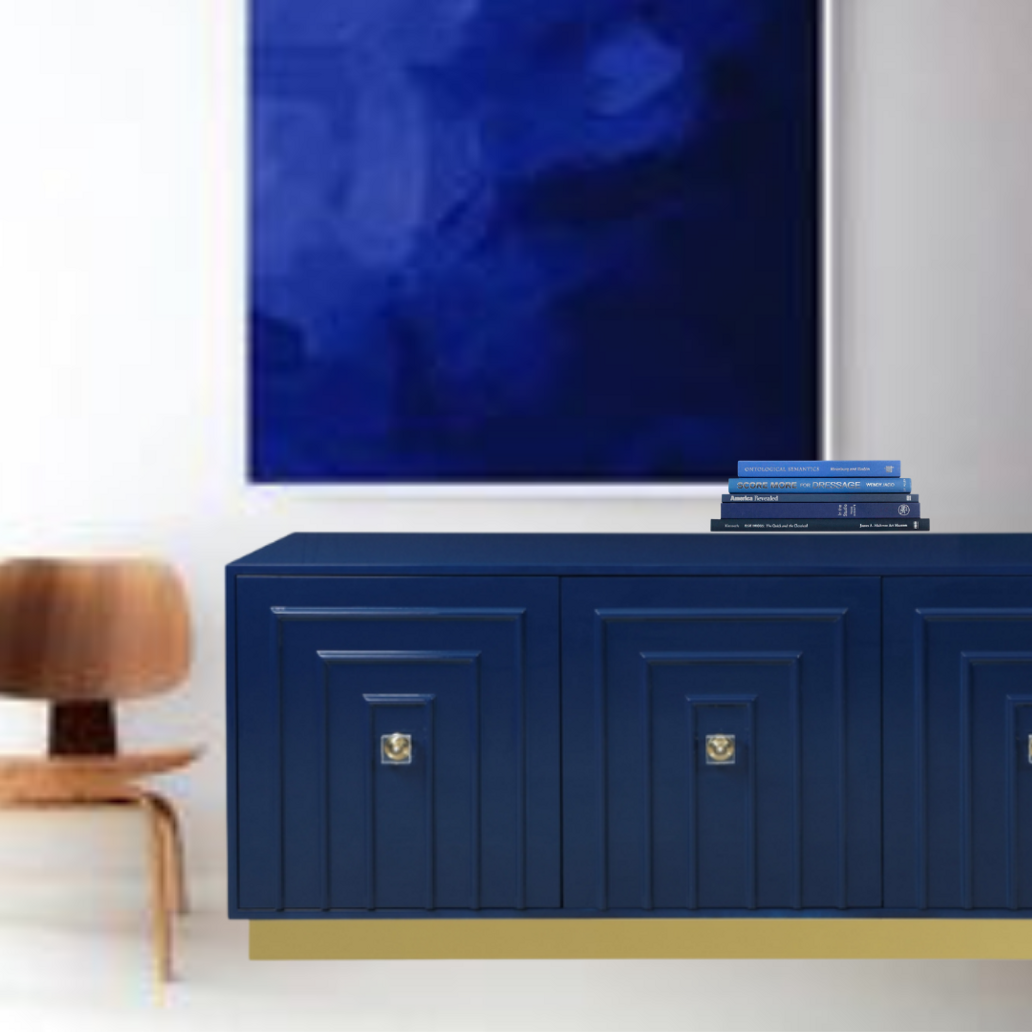 Navy and Gold Lacquered 3 Door Credenza with Lucite Knobs