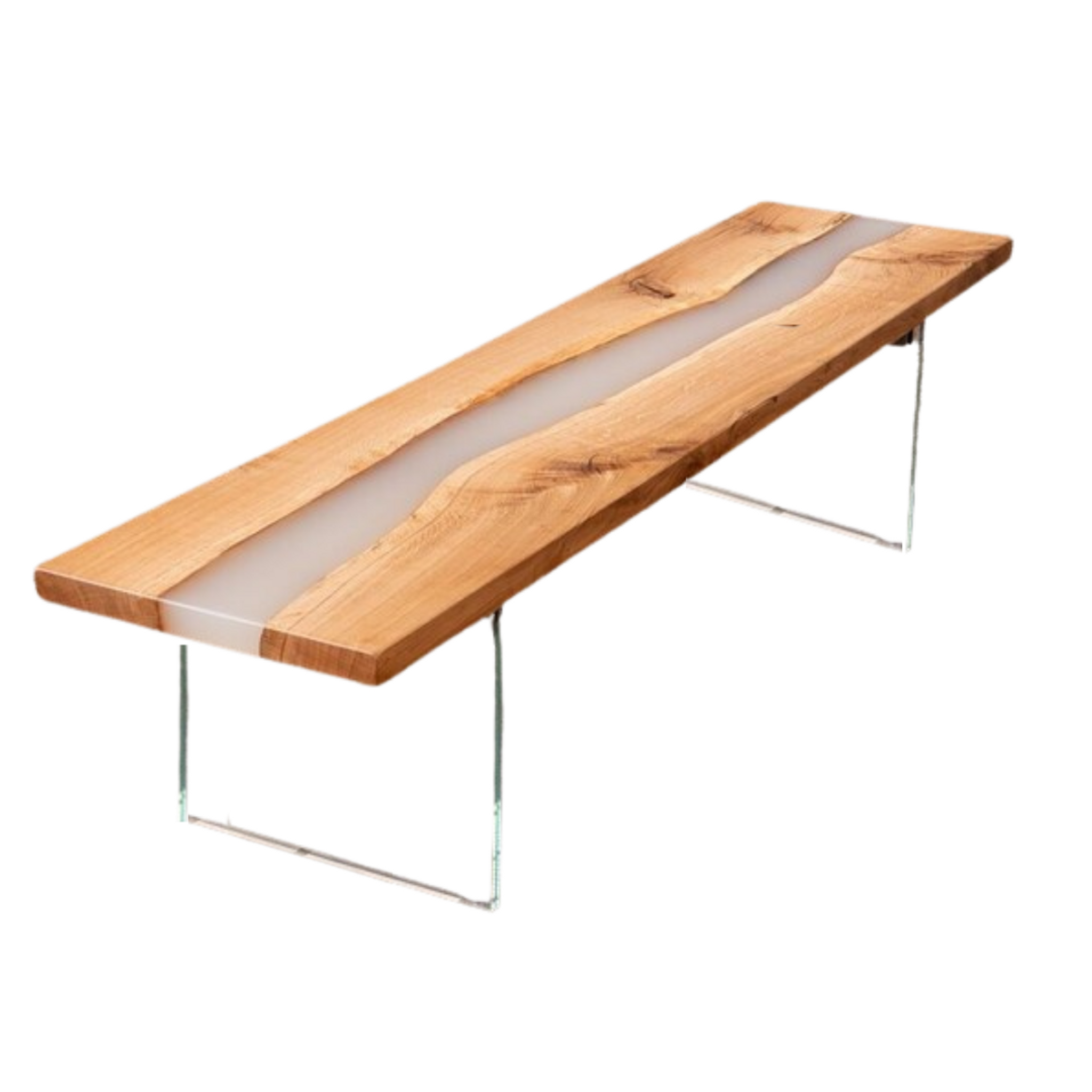 Frosted Resin and Oak Wood Bench with Glass Legs