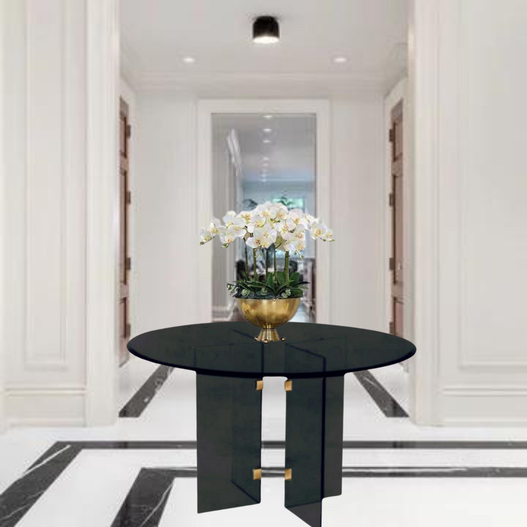 Clear Lucite Round Foyer Table with Brass Metal Clips