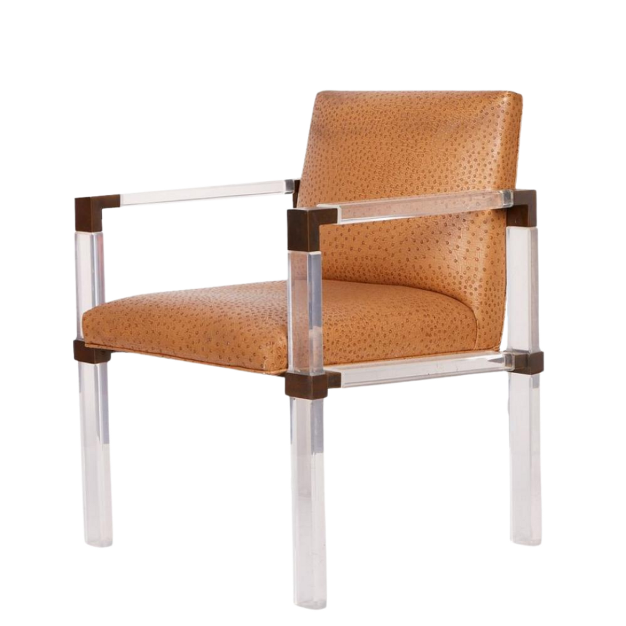 Lucite and Brass Armchair with Faux Ostrich Upholstery