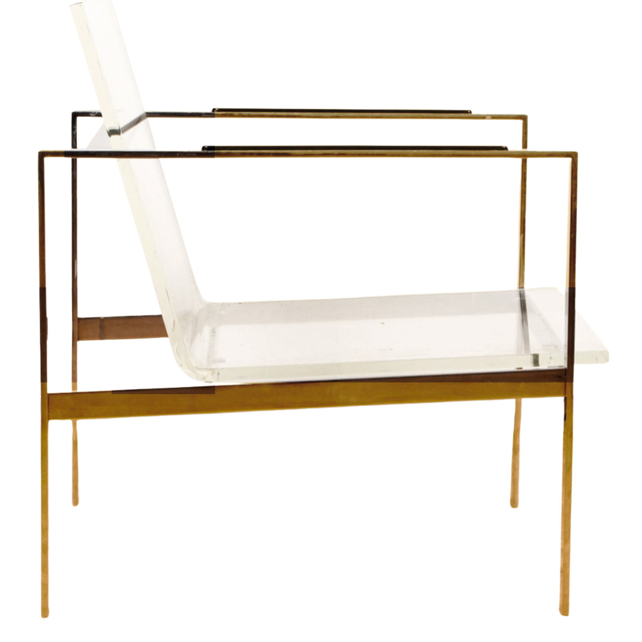 Clear Lucite Square Accent Chair with brass gold frame metal