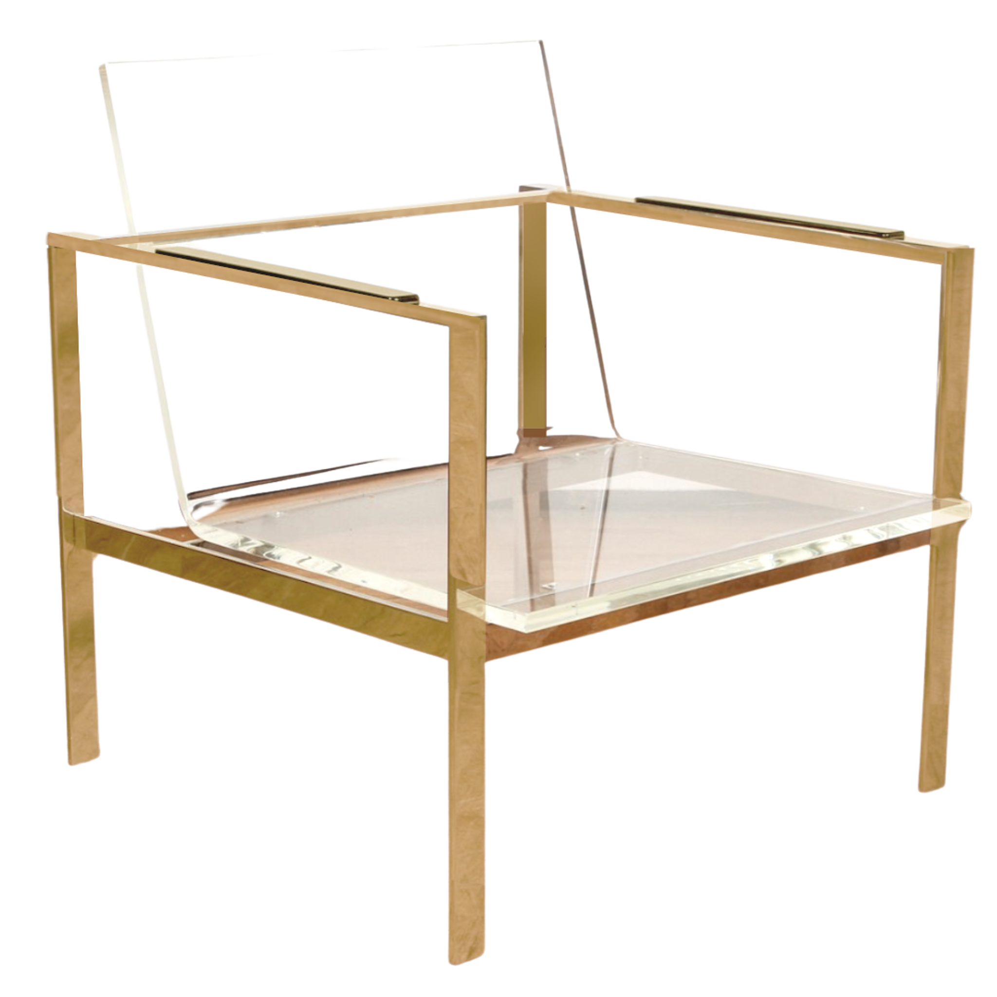 Clear Lucite Square Accent Chair with brass gold frame metal