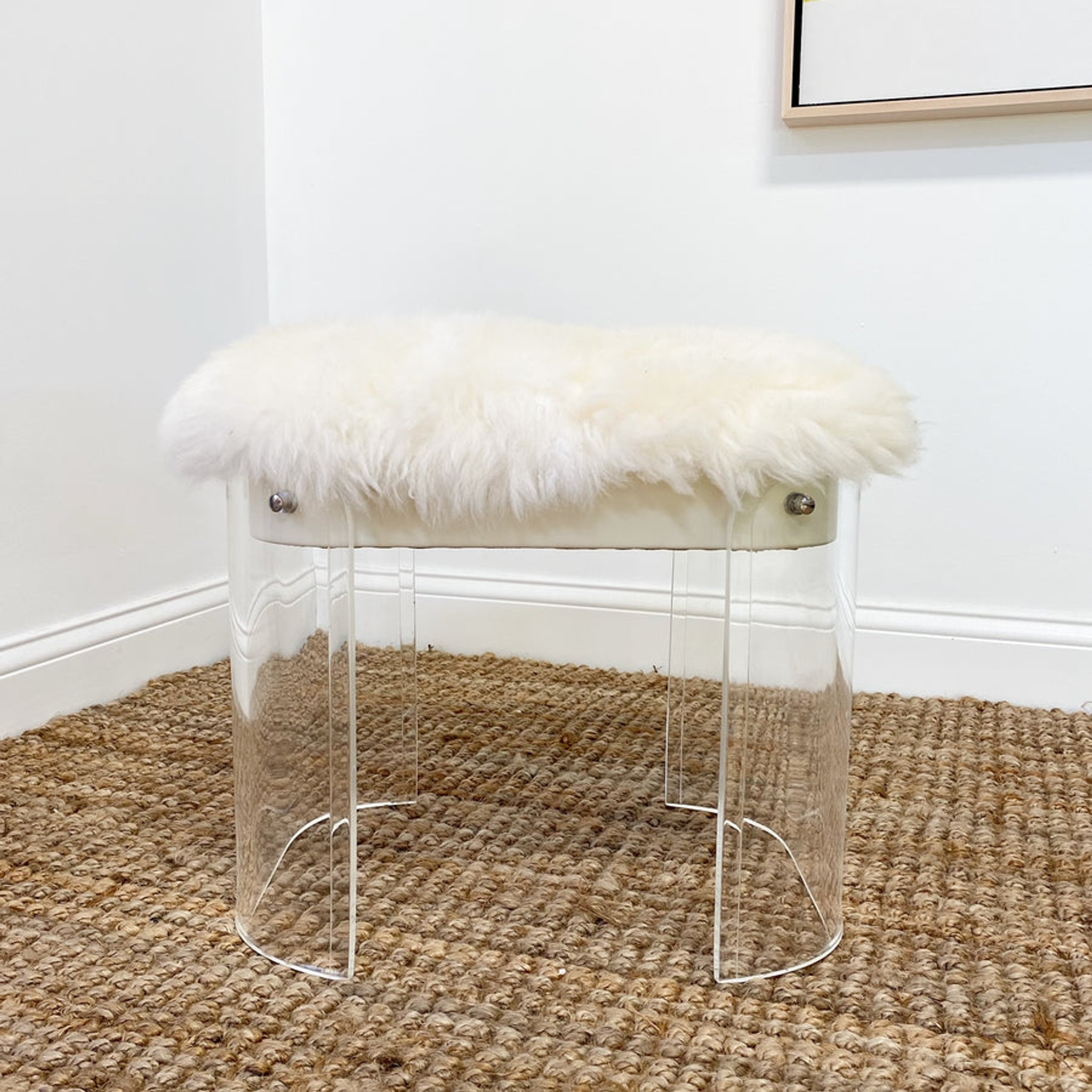 Cream Mongolian Fur Top Ottoman with Curved Lucite Legs