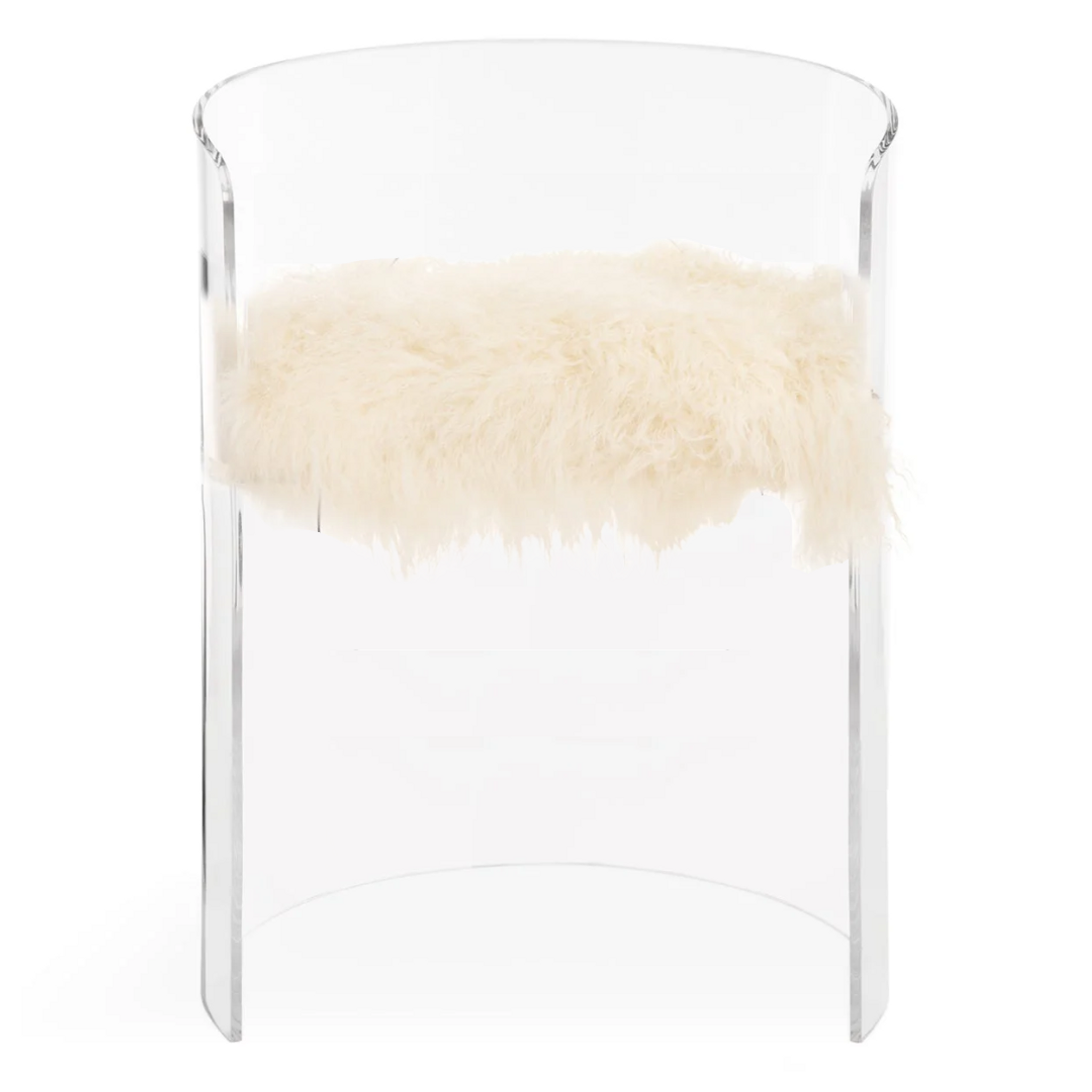 Modern Lucite Barrel Back Chair with Cream Mongolian