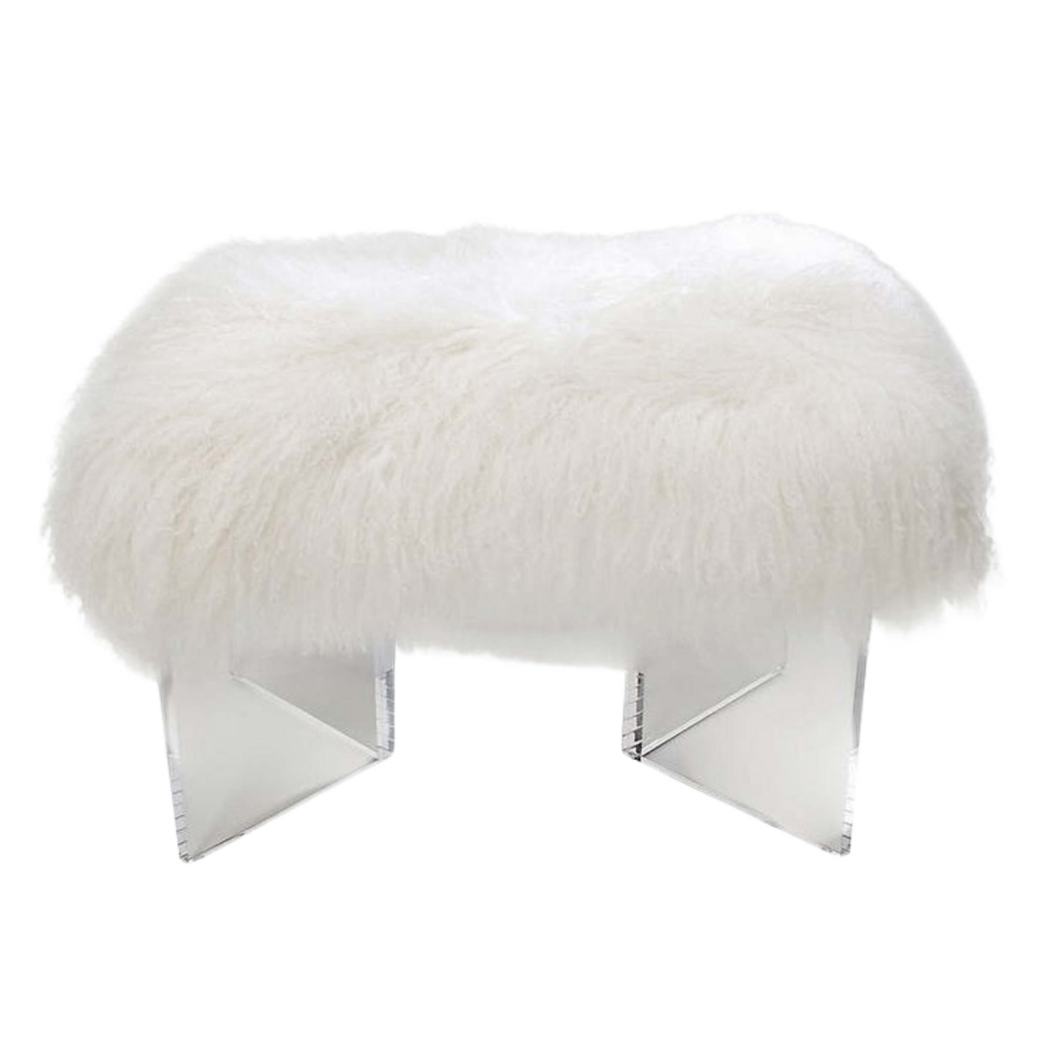 Winter White Sheepskin Fur Lucite Bench with Boomerang Legs,