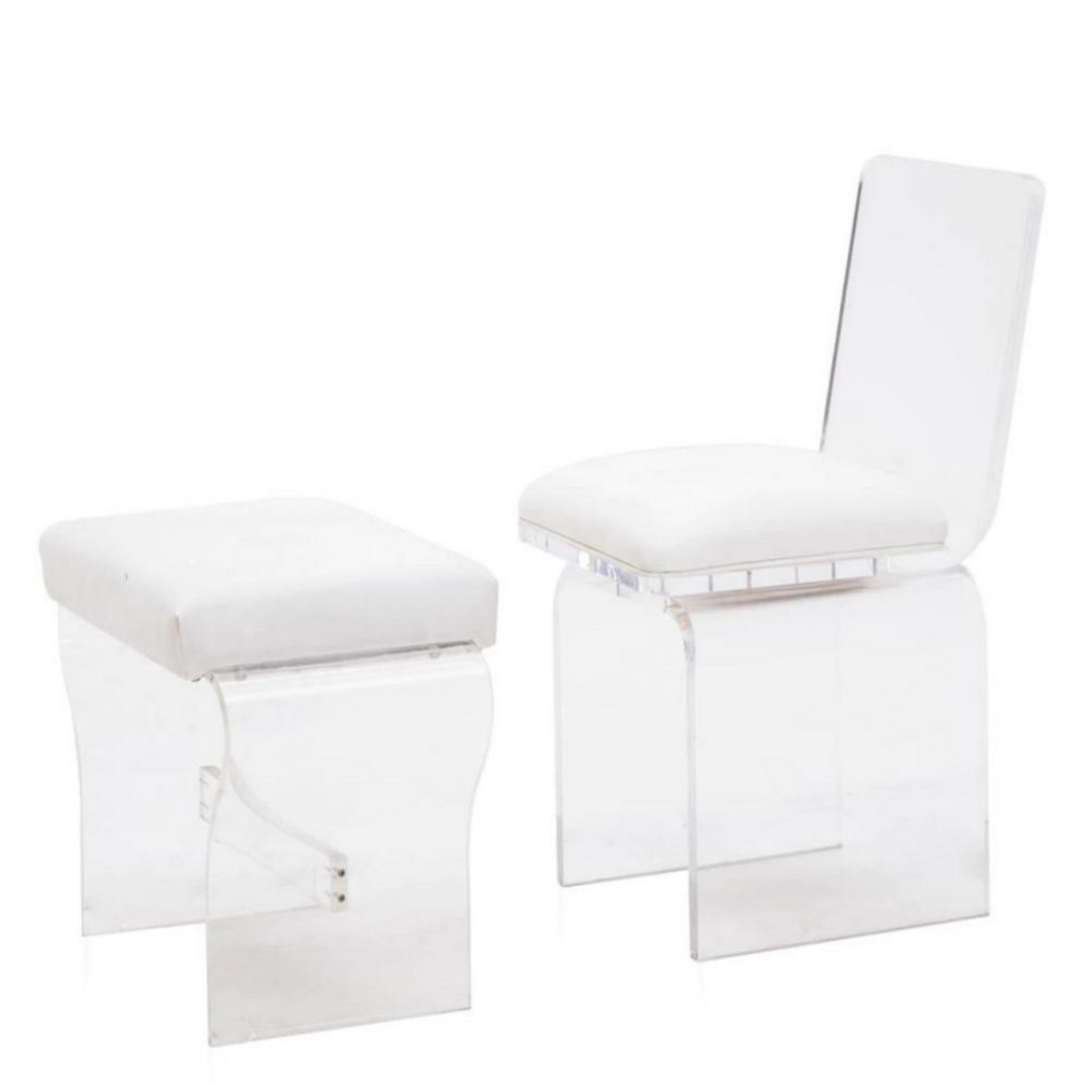 Lucite Waterfall Indoor/Outdoor Chair & Ottoman Set in White Vinyl 