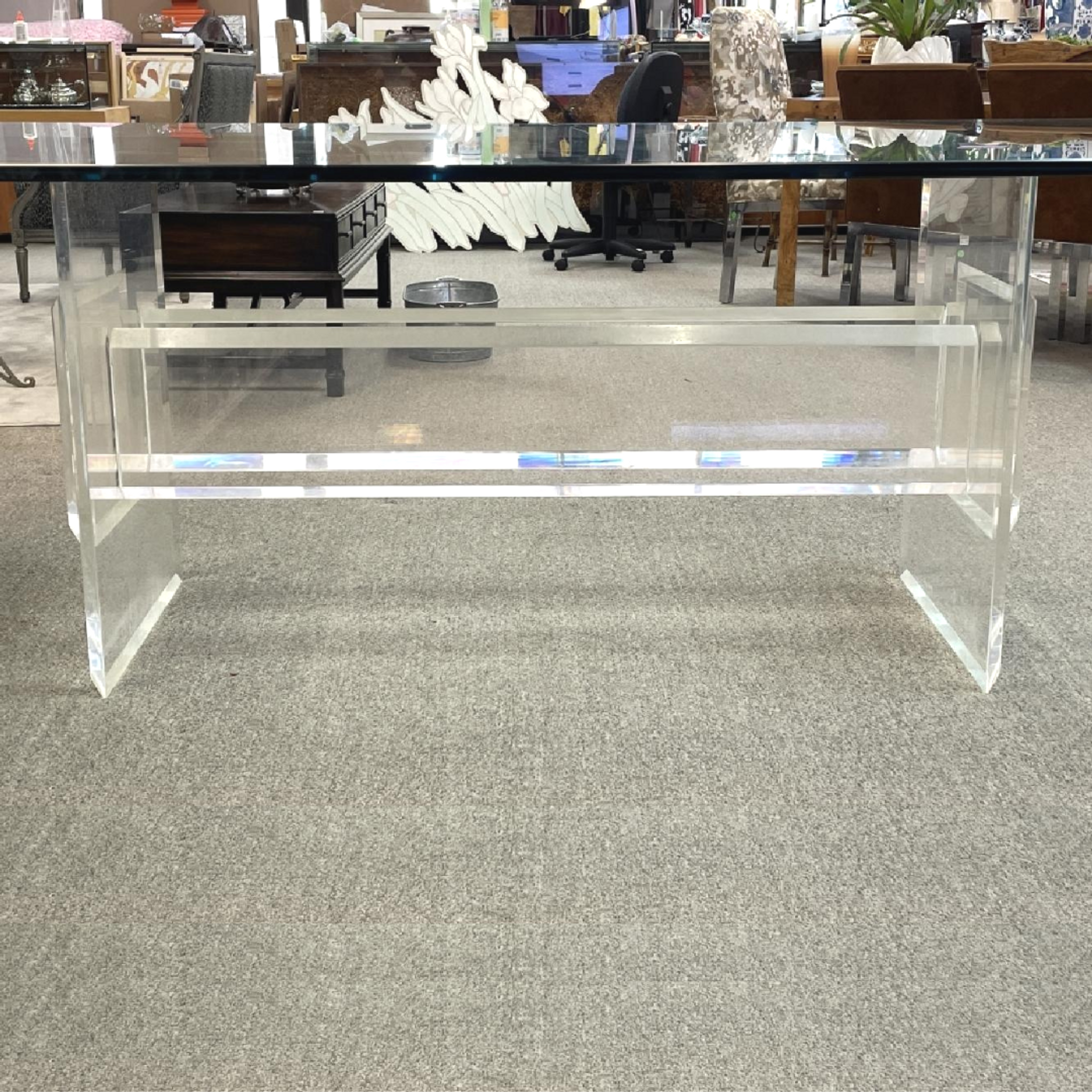 mid century modern lucite clear acrylic Beveled Trestle Table