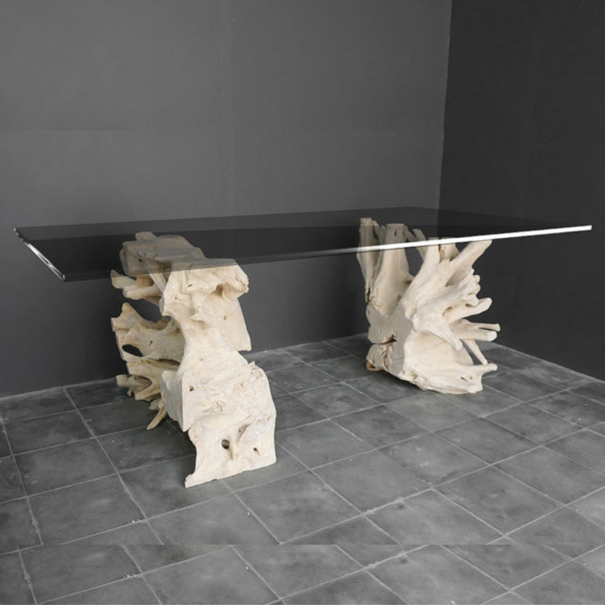 Bleached Teak Root Double Base Dining Table with Rectangular Glass Top