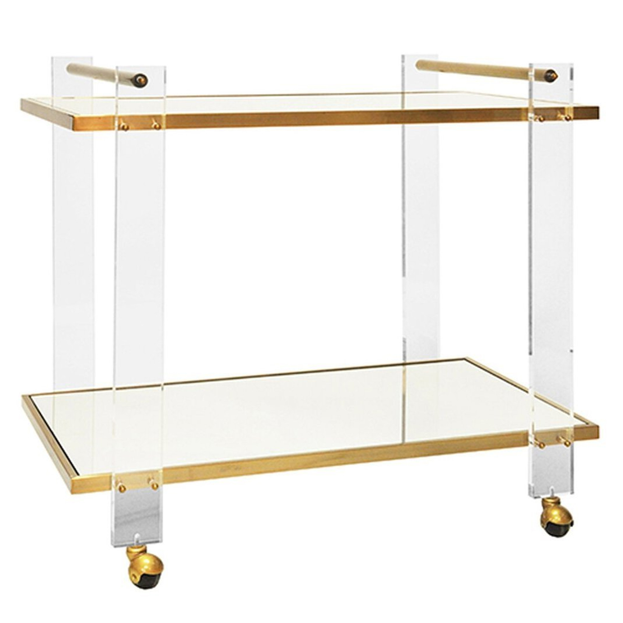 clear lucite leg and brass modern bar cart with storage shelf worlds away pierce