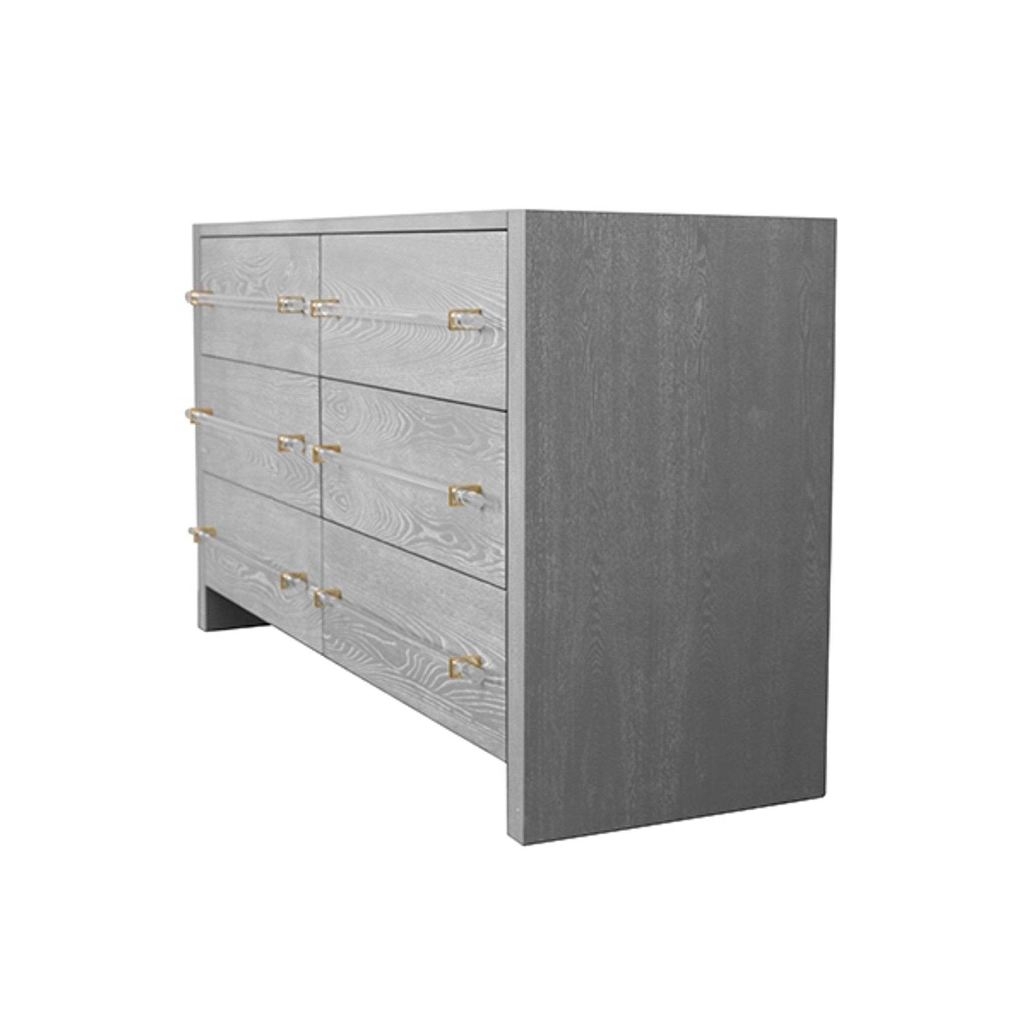 Grey Ceruse Oak Wood 6 Drawer Dresser with Lucite Handles