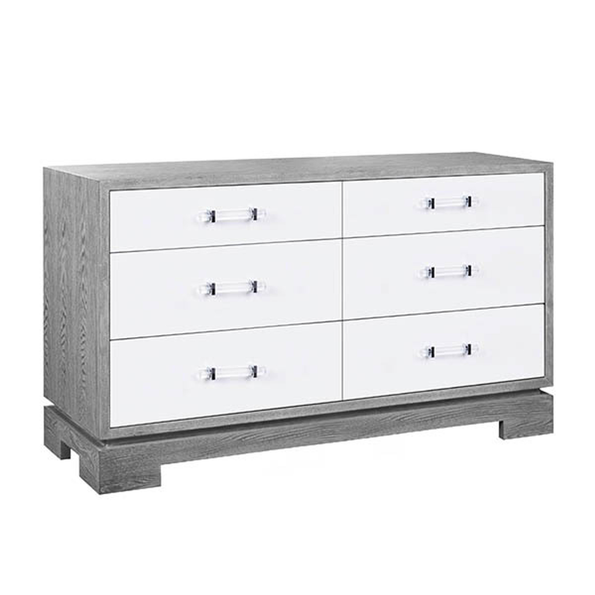 Grey Ceruse Oak and White 6 Drawer Dresser with Lucite