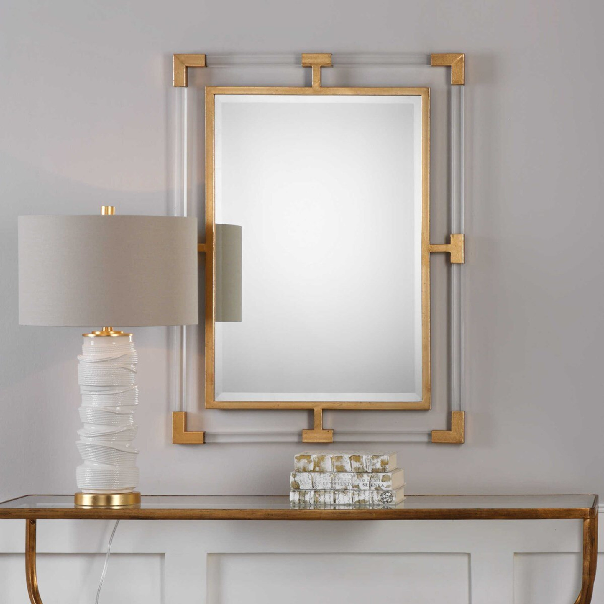 uttermost Balkan mirror clear acrylic lucite and gold brass accents rectangular