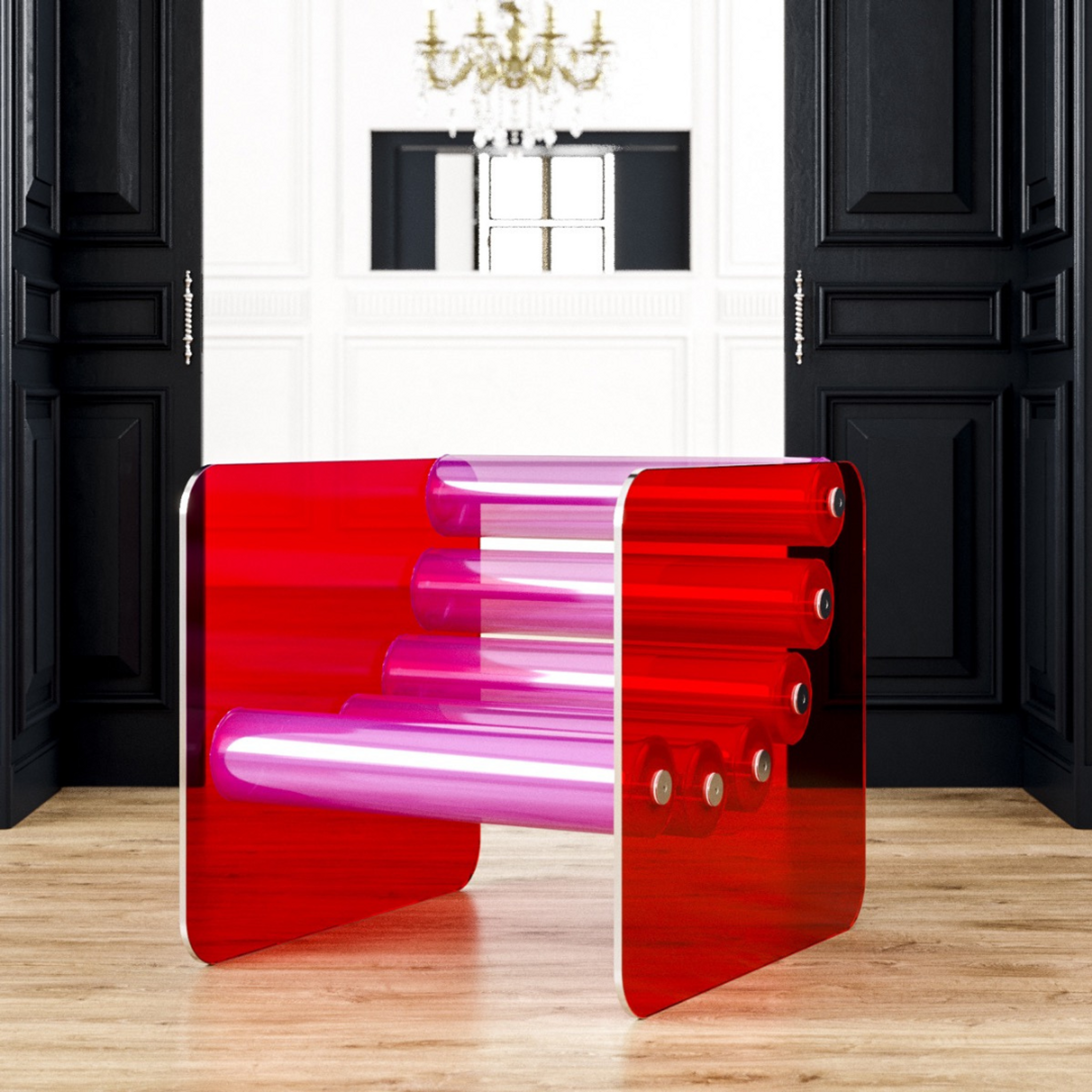 Modern Red Glass Armchair with Pink Bolster Cushions 