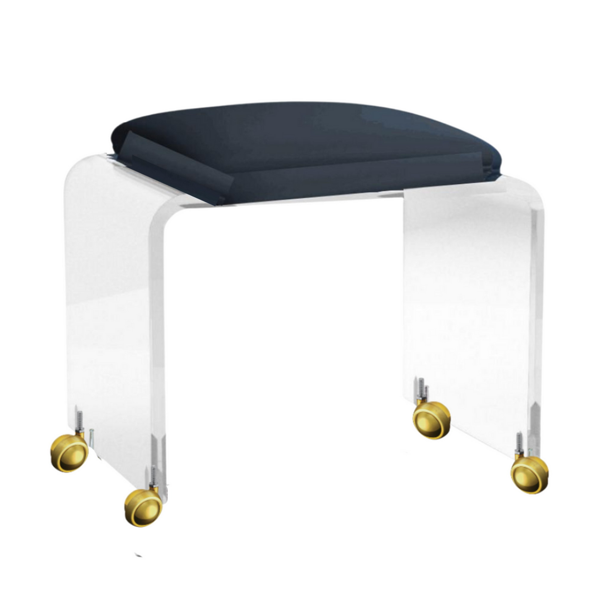Lucite Waterfall Vanity Stool with Vinyl Seat and Gold Wheels
