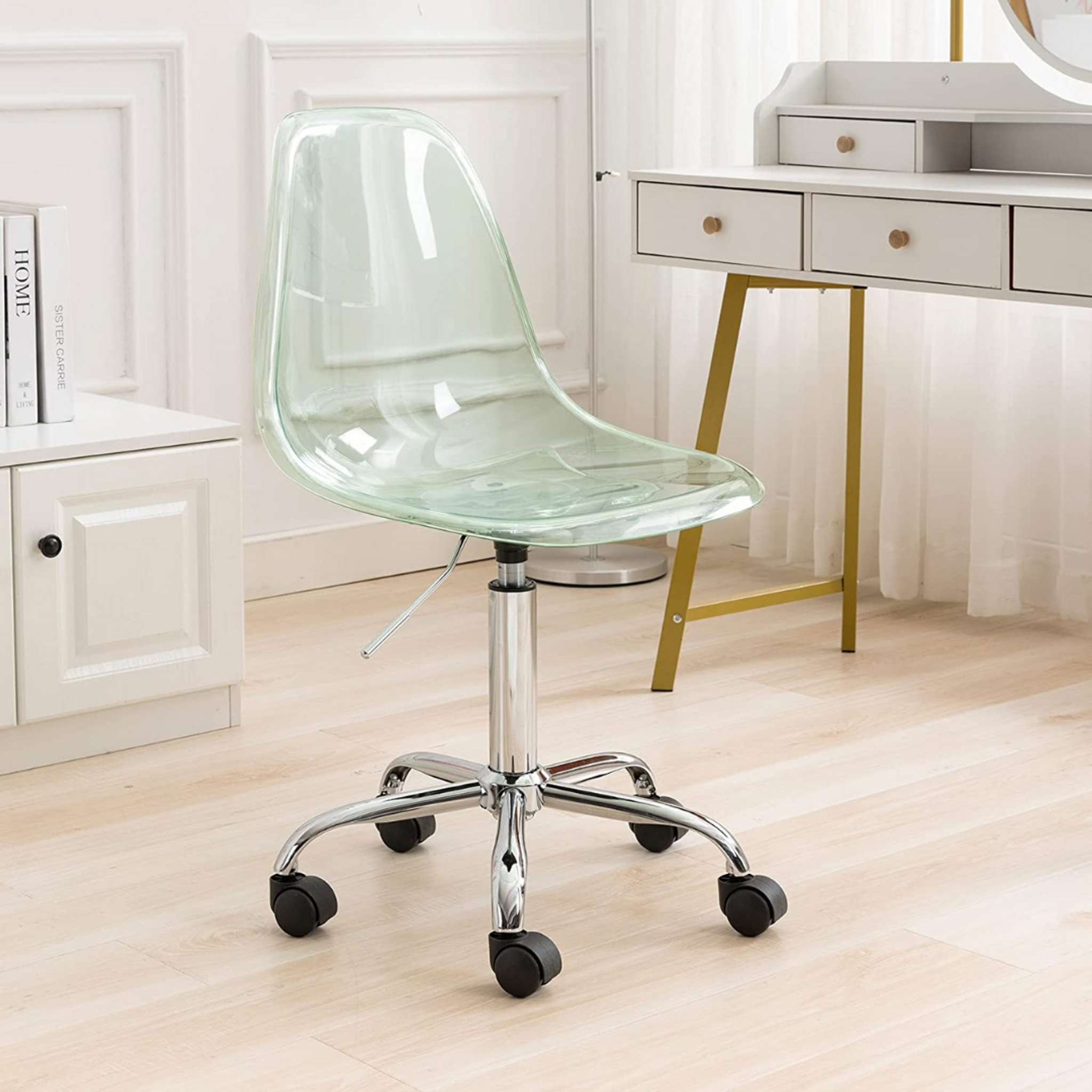 Mid Century Mint Green Acrylic Desk Chair with Chrome Base