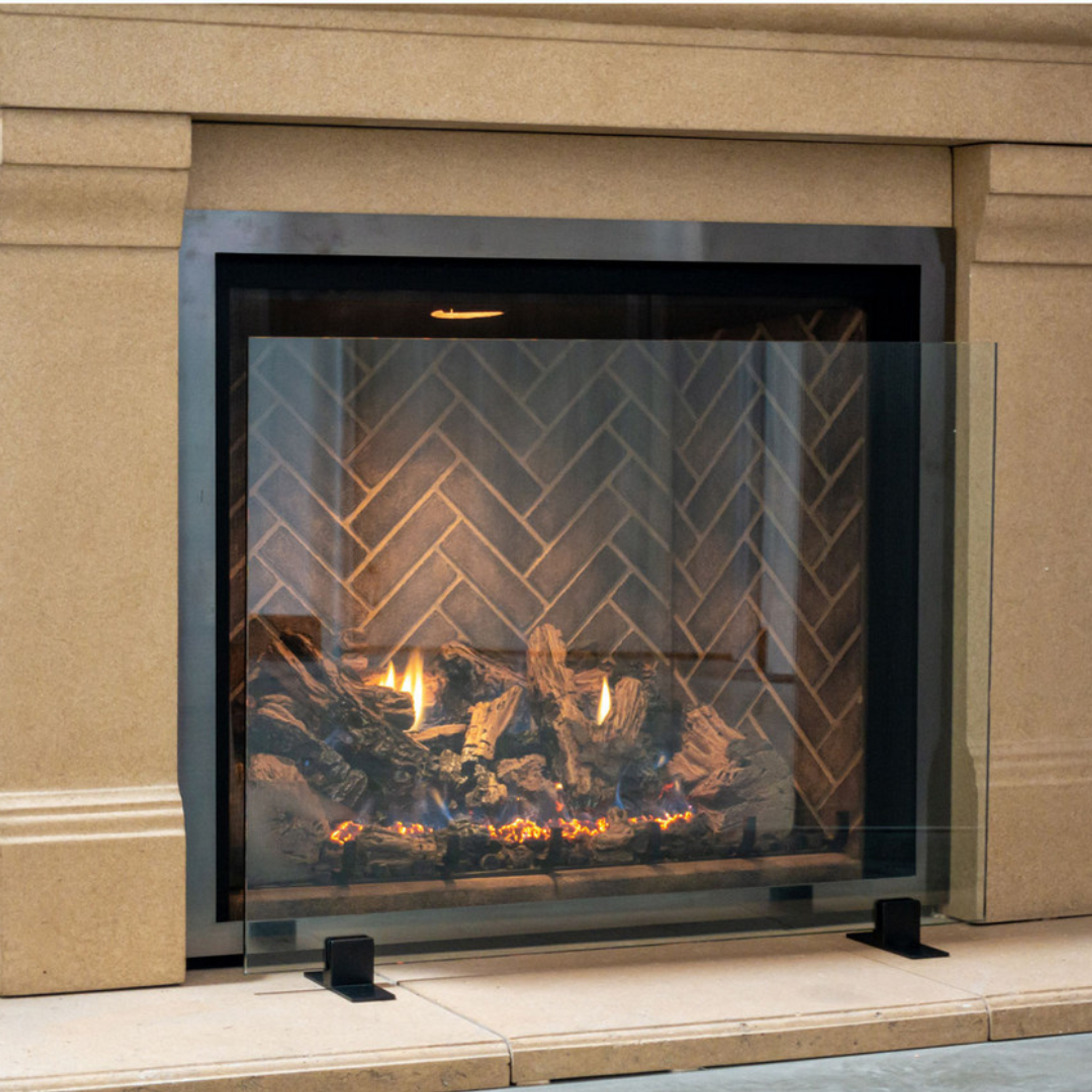 Frameless Clear Glass Fireplace Screen with Black Feet