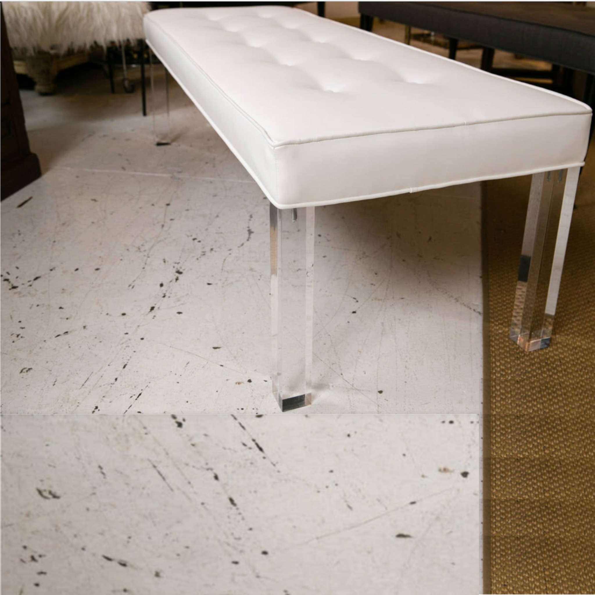 Tufted Modern Lucite Bench with lucite clear acrylic legs