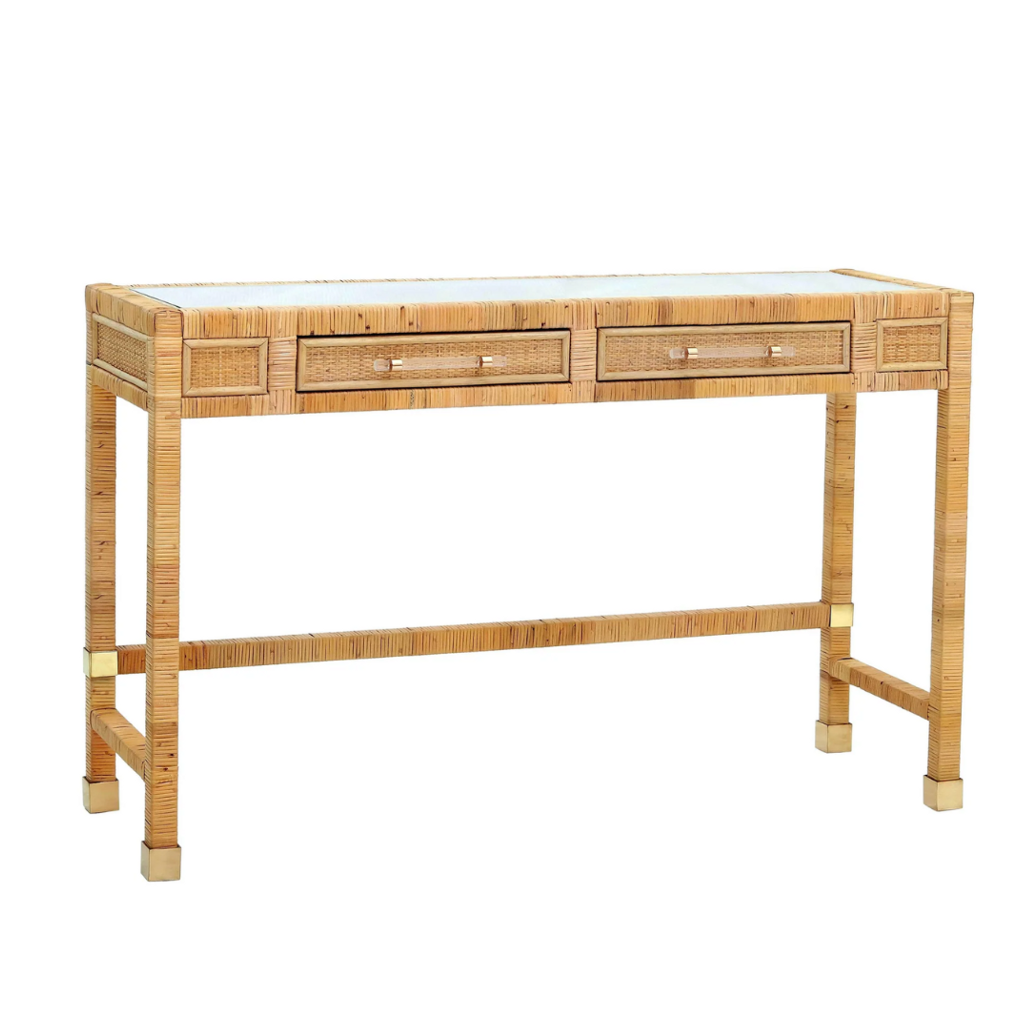Rattan 2 Drawer Desk with Acrylic Hardware