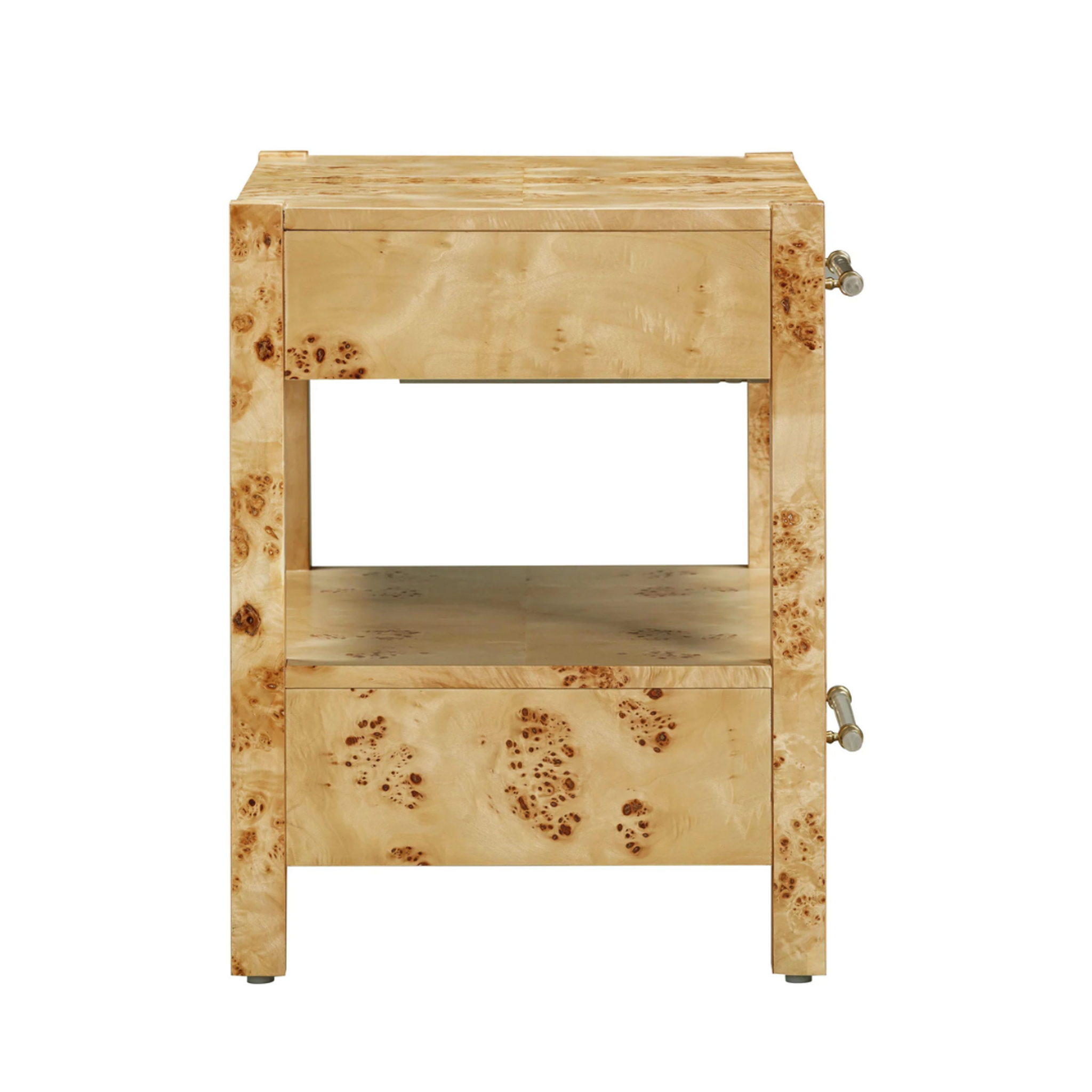 Burlwood 2 Drawer Nightstand with Acrylic Hardware 