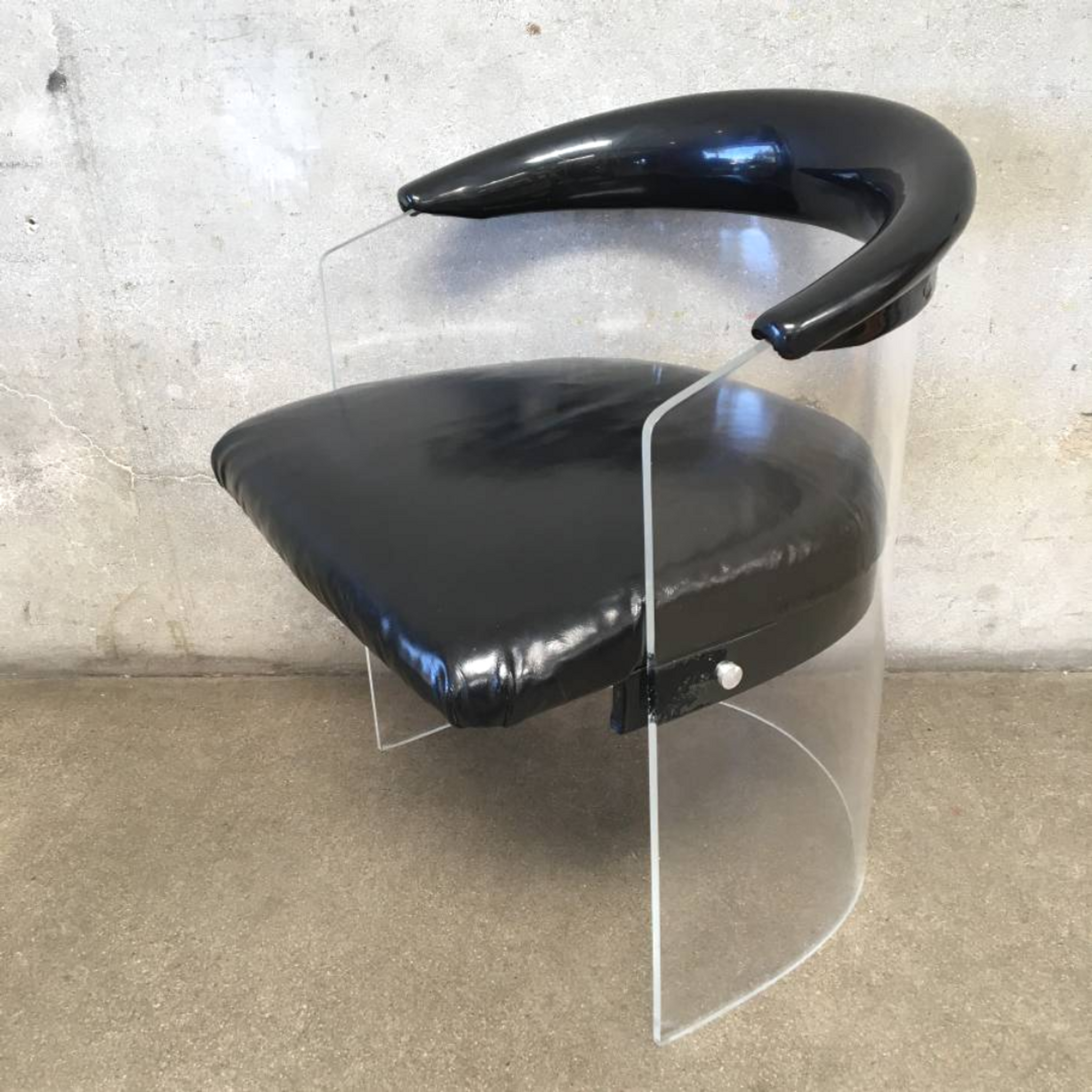 lucite barrel chair black patent leather