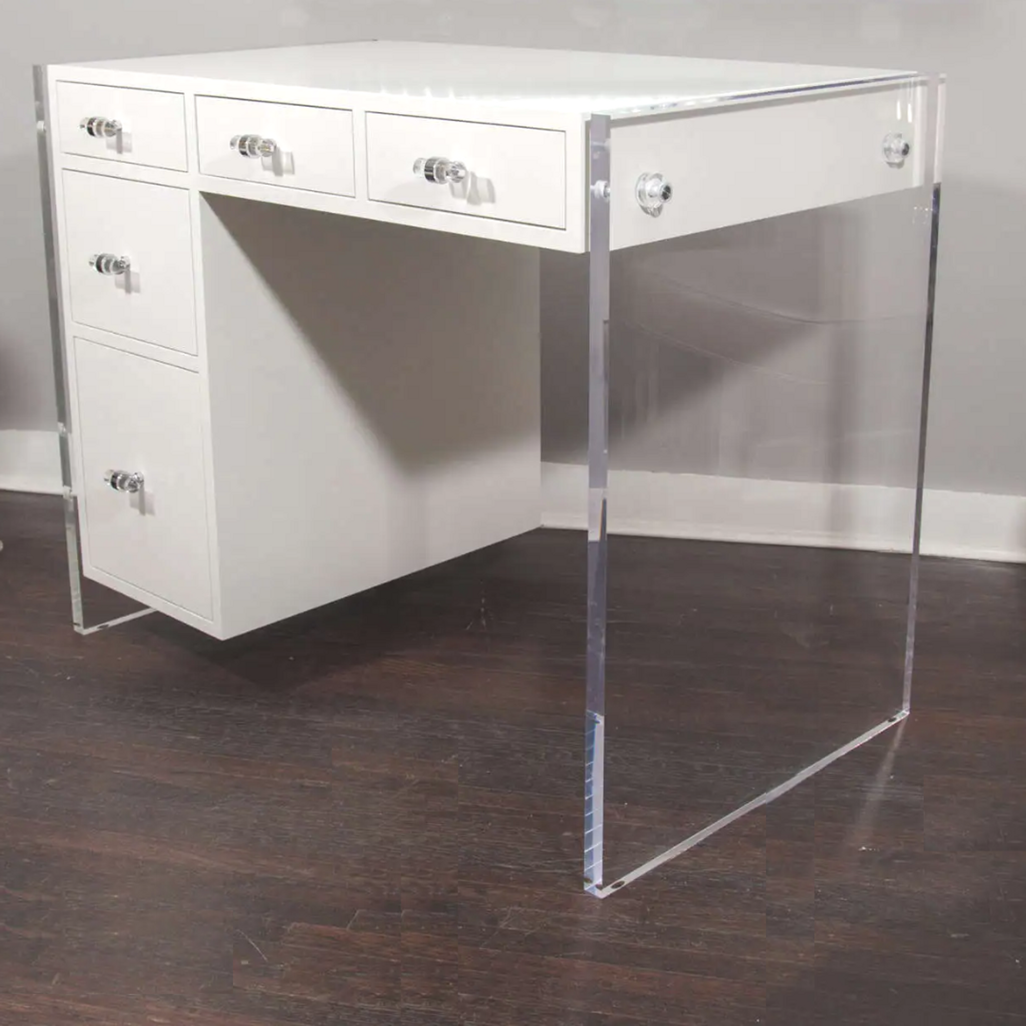white lacquer shiny gloss drawer desk lucite panel leg
