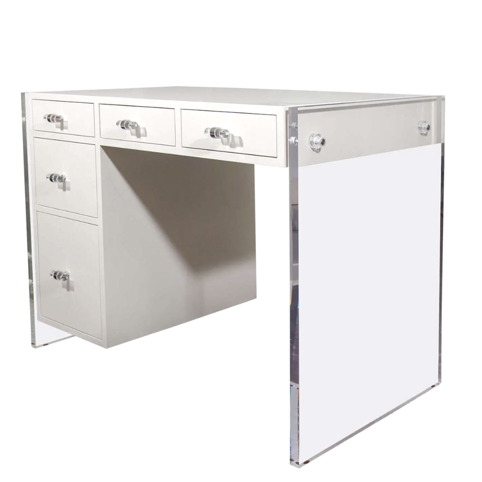 white lacquer shiny gloss drawer desk lucite panel leg