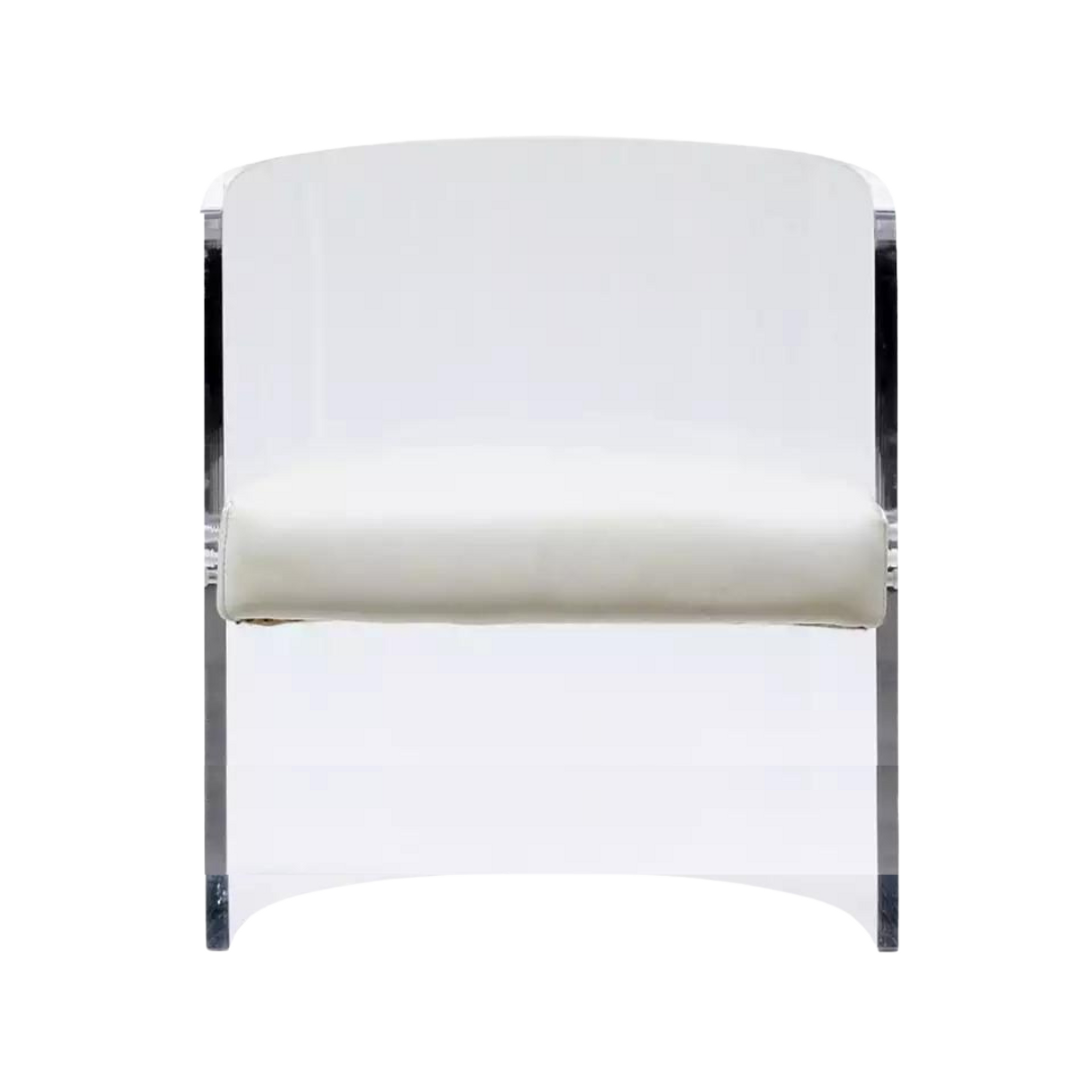 clear acrylic lucite round back barrel desk dining chair faux white leather seat modern