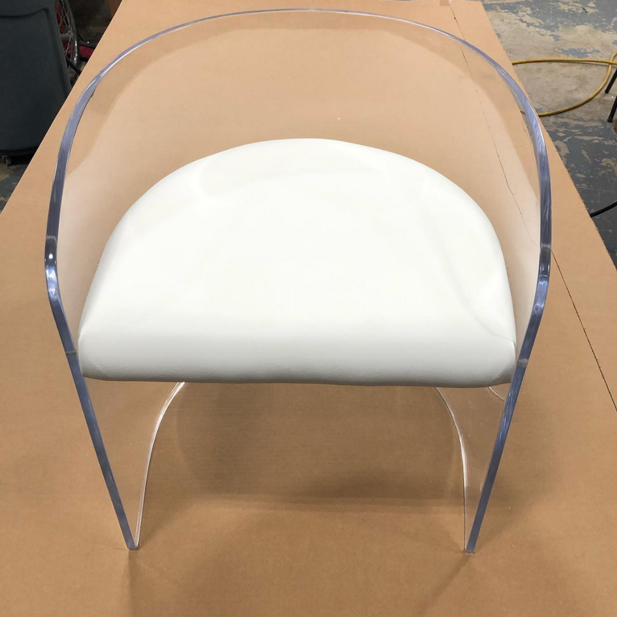 clear acrylic lucite round back barrel desk dining chair faux white leather seat modern