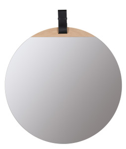 round mirror with strap leather detail wood frameless Heppner Wall Mirror