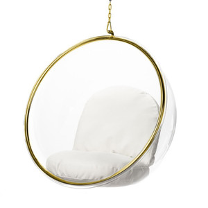 hanging lucite acrylic clear plastic bubble chair gold trim chain white cushion set